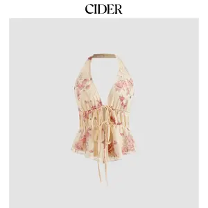Cider [2 colors, size 0-10] Halter Neckline Floral Knotted Tank Top SummerWins Dealsforyou