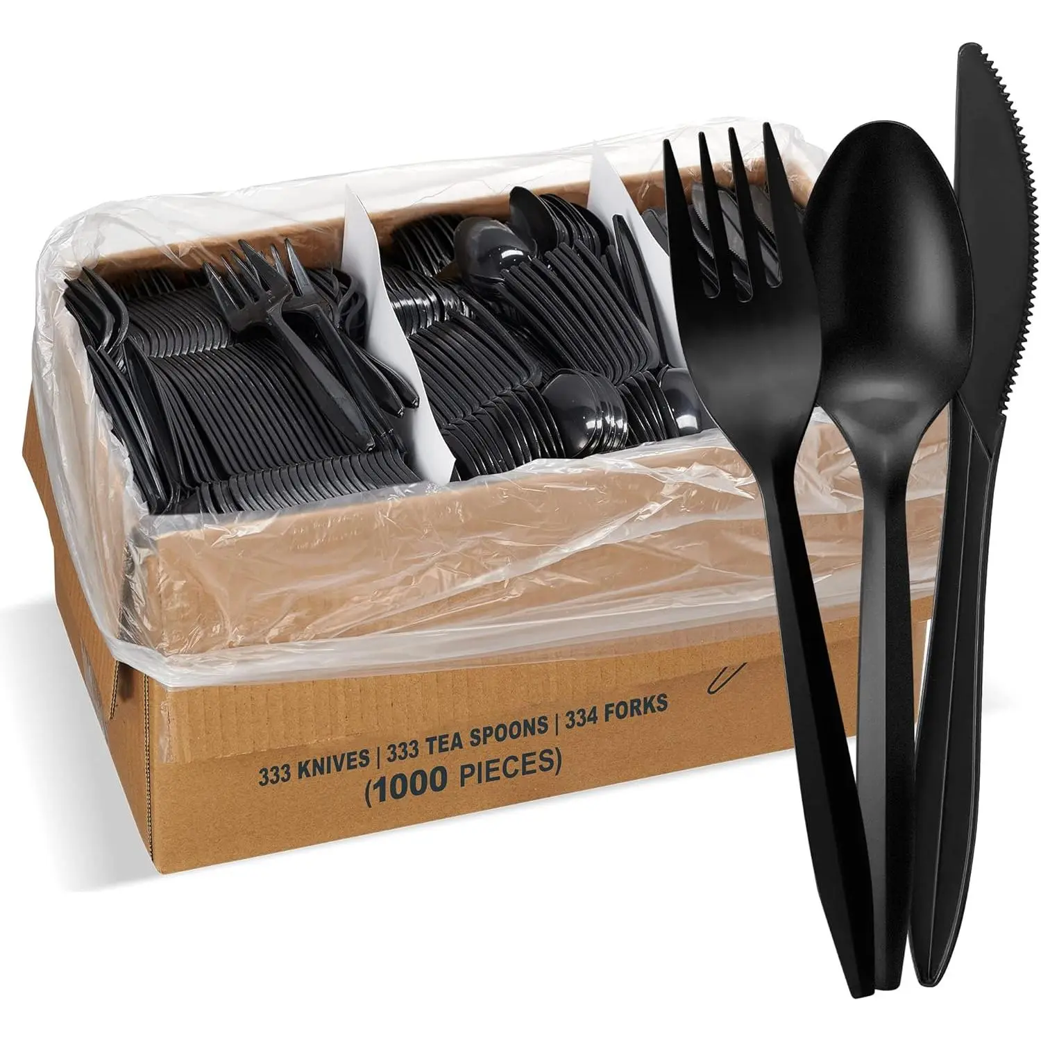1,000 Plastic Disposable Cutlery Bulk Variety Pack Black Medium Weight