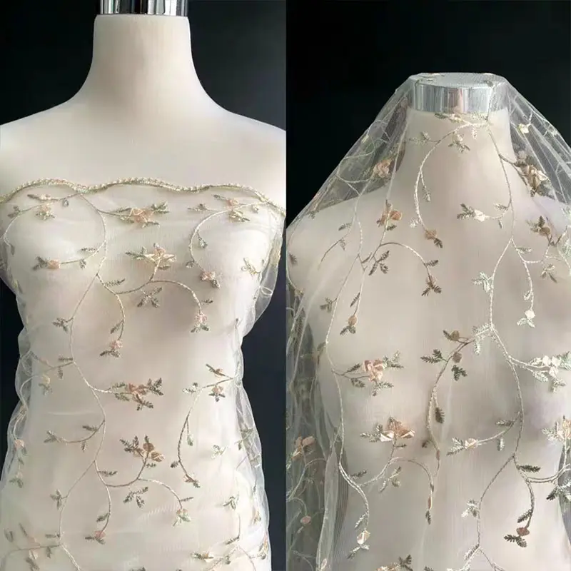 1 piece of soft semi transparent sheer fabric with champagne colored floral embroidery pattern, hand sewn floral mesh gauze, suitable for making wedding headbands, wedding dresses, fairy party dresses, and self-made sewing materials for photo backgrounds