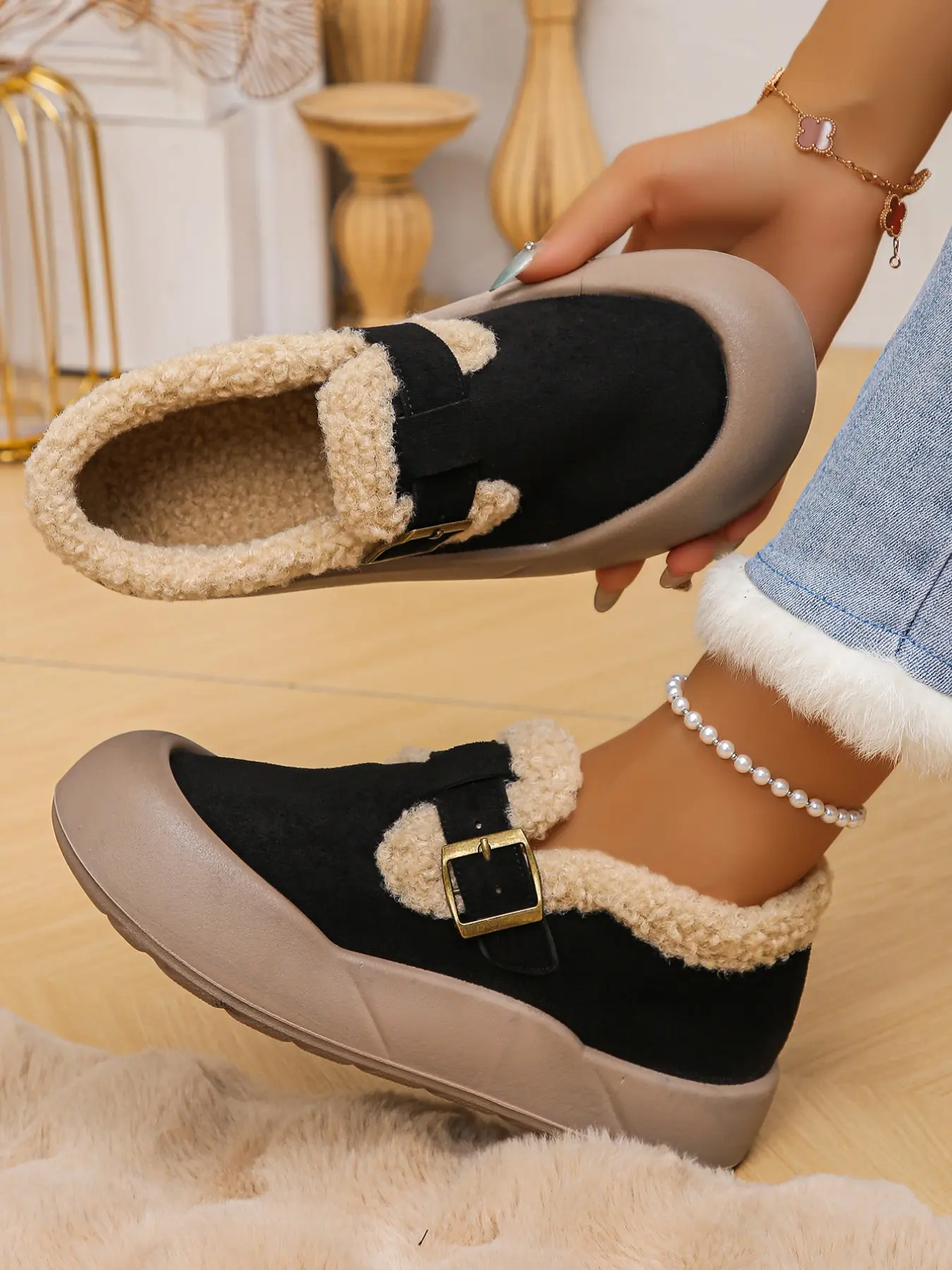 Women's Fuzzy Lined Slip-On Boots, Adjustable Metal Buckle, Thick Sole, Multi-Color, Warm Inner, Ideal for Fall & Winter Activities, Fashionable Boots
