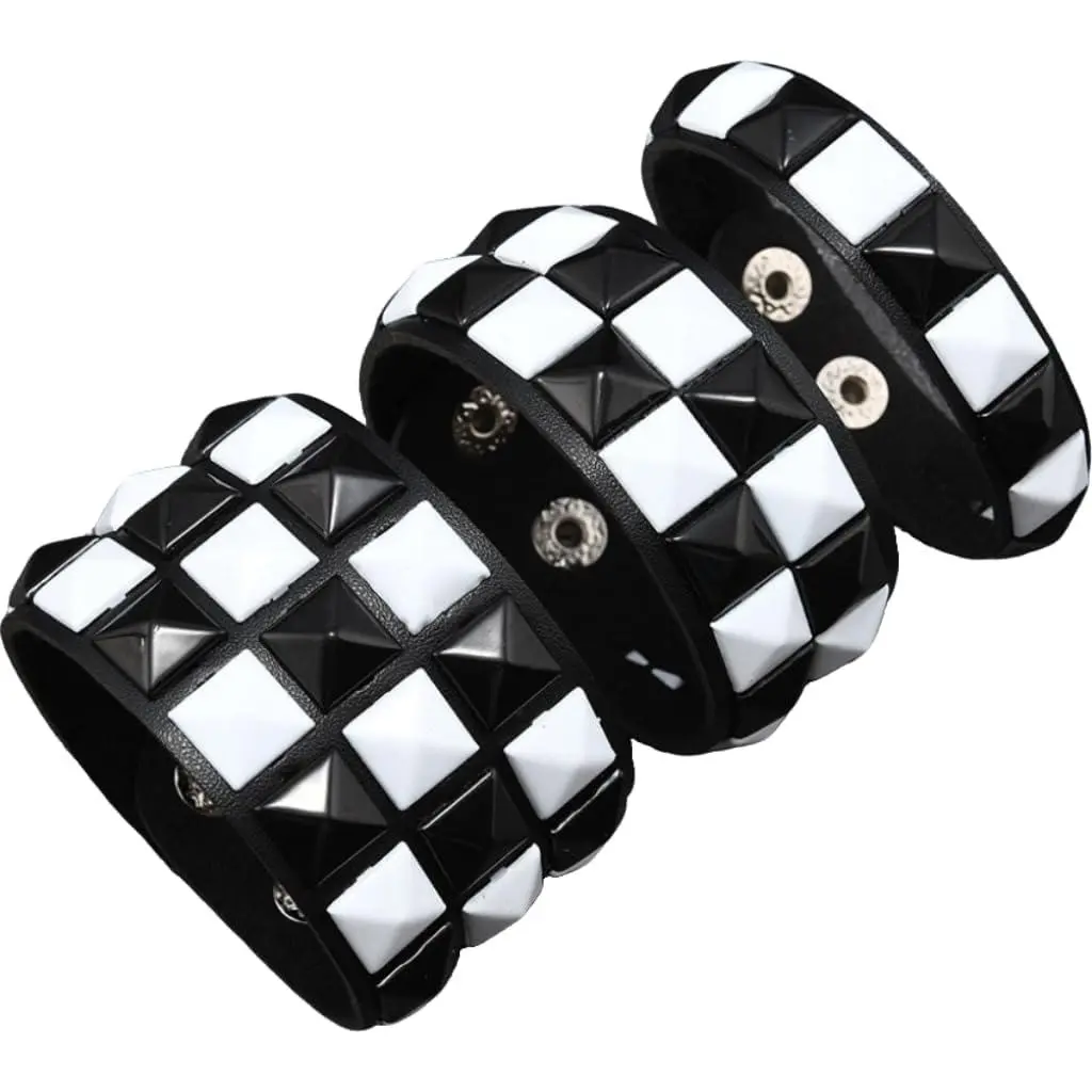 3 count Black White Checkered Punk Leather Cuff Bracelet,Gothic Studded Scene Bracelet,Adjustable Genuine Wristband for Men Women,Gothic Halloween Emo  Accessories