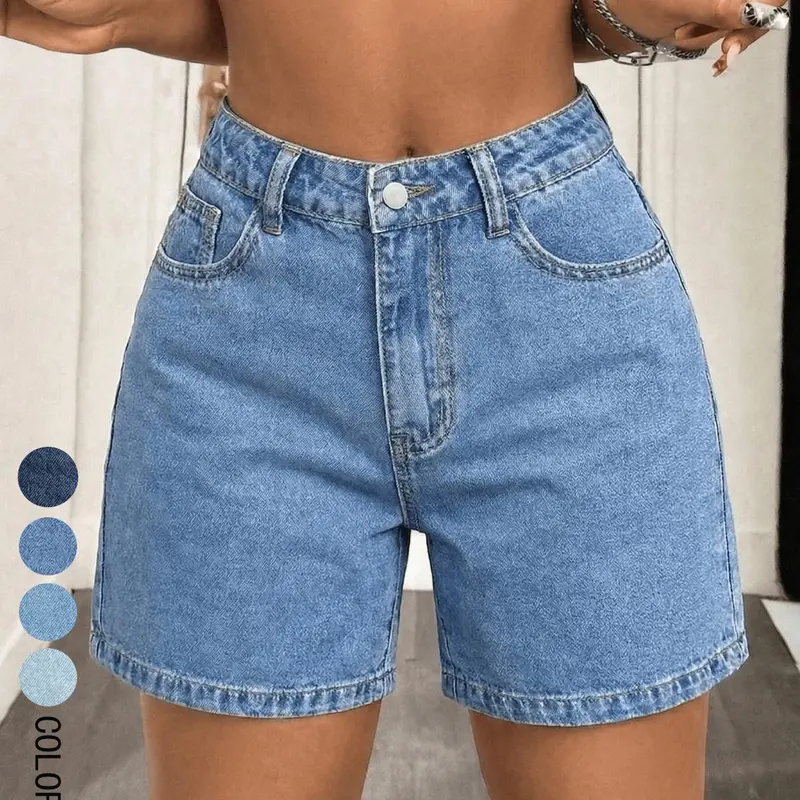 Women's Straight Leg Basic Denim Shorts, Vintage Fitted Comfort Fit, Casual Summer Essential, Versatile Fashion, Slimming Effect, Long Legs Look