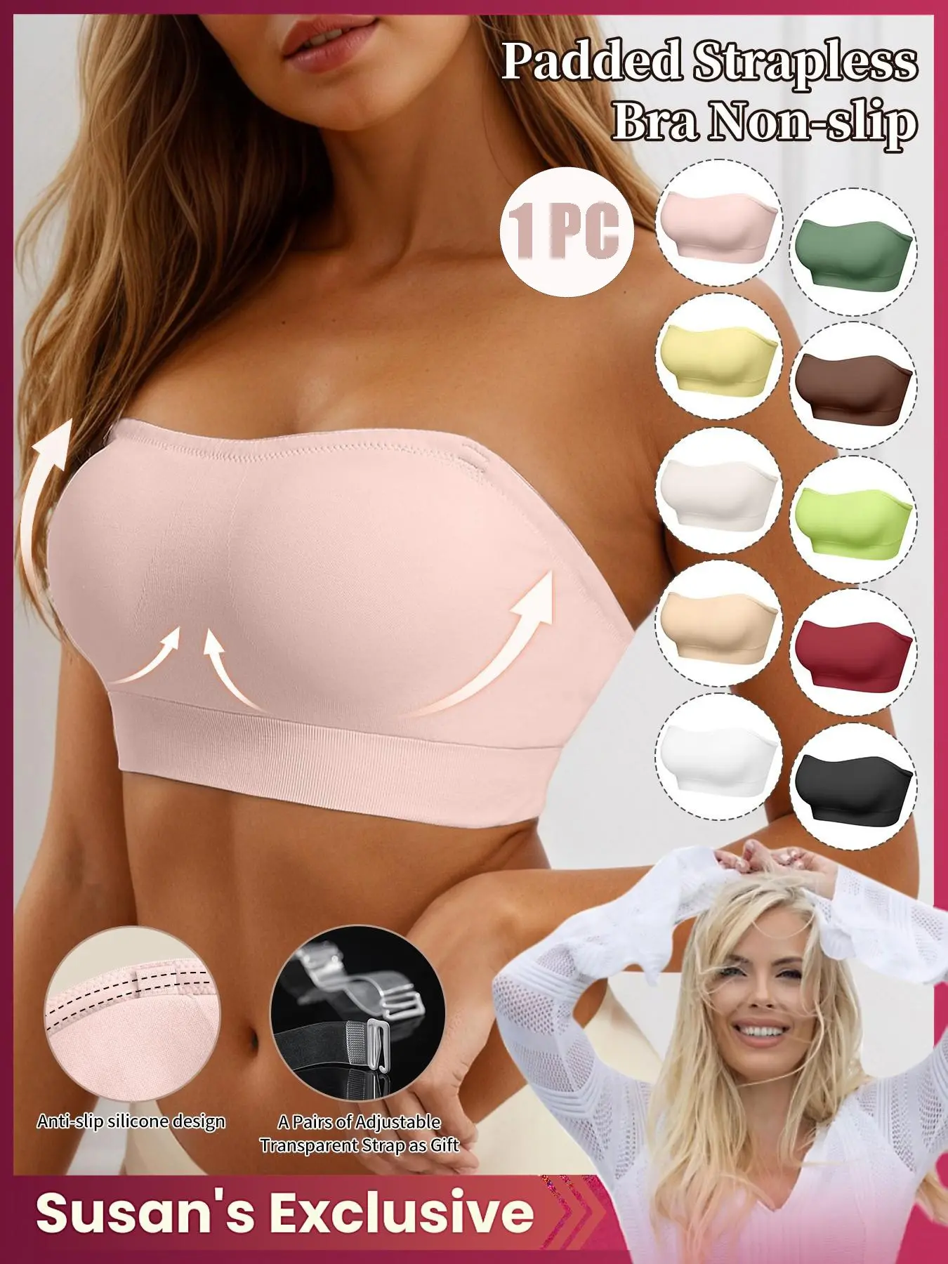 Women’s Strapless Bra with Gathered Design, No Wire and Non-Slip Backless Style, Seamless Invisible Cup Bras for Ultimate Comfort