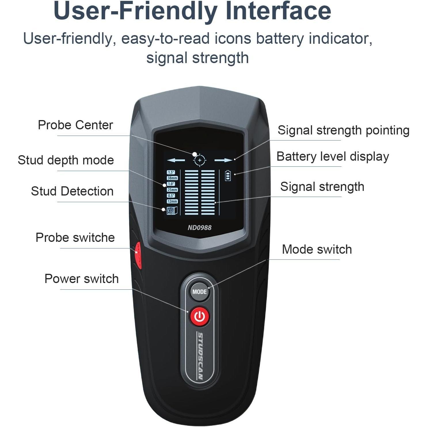 ND0988 Stud Detector -  Wall Scanner for  Stud Detection with Multiple Depth Modes, Backlit LCD Display, and Audio  - Ideal for  Renovations and Installation Projects