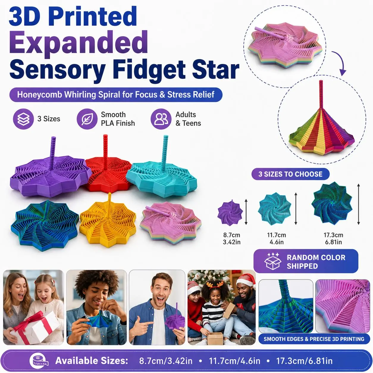3D Printed Expanded Sensory Fidget Star - Fractal Hexagon with Handles, Honeycomb Whirling Spiral for Stress Relief & Focus (3.42、4.6、6.81in）Sensory Toys for Adults & Teens,Honeycomb Whirling Spiral Design for ADHD & Stress Relief