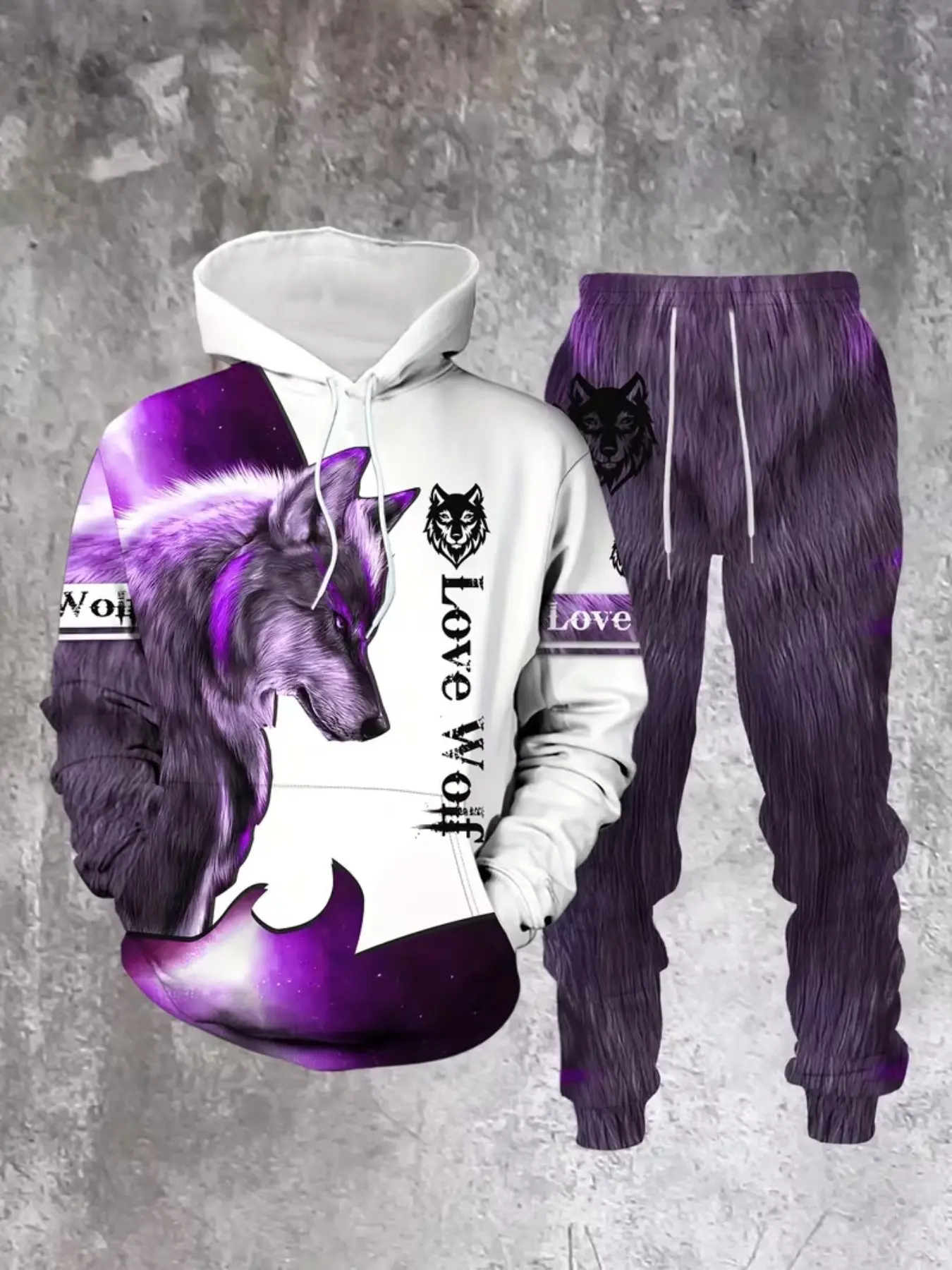 Men's Hoodie Set, Pants, Colorblock Starry Wolf King Digital Print, American Street Style, Loose Fit, Long Sleeve, All Seasons