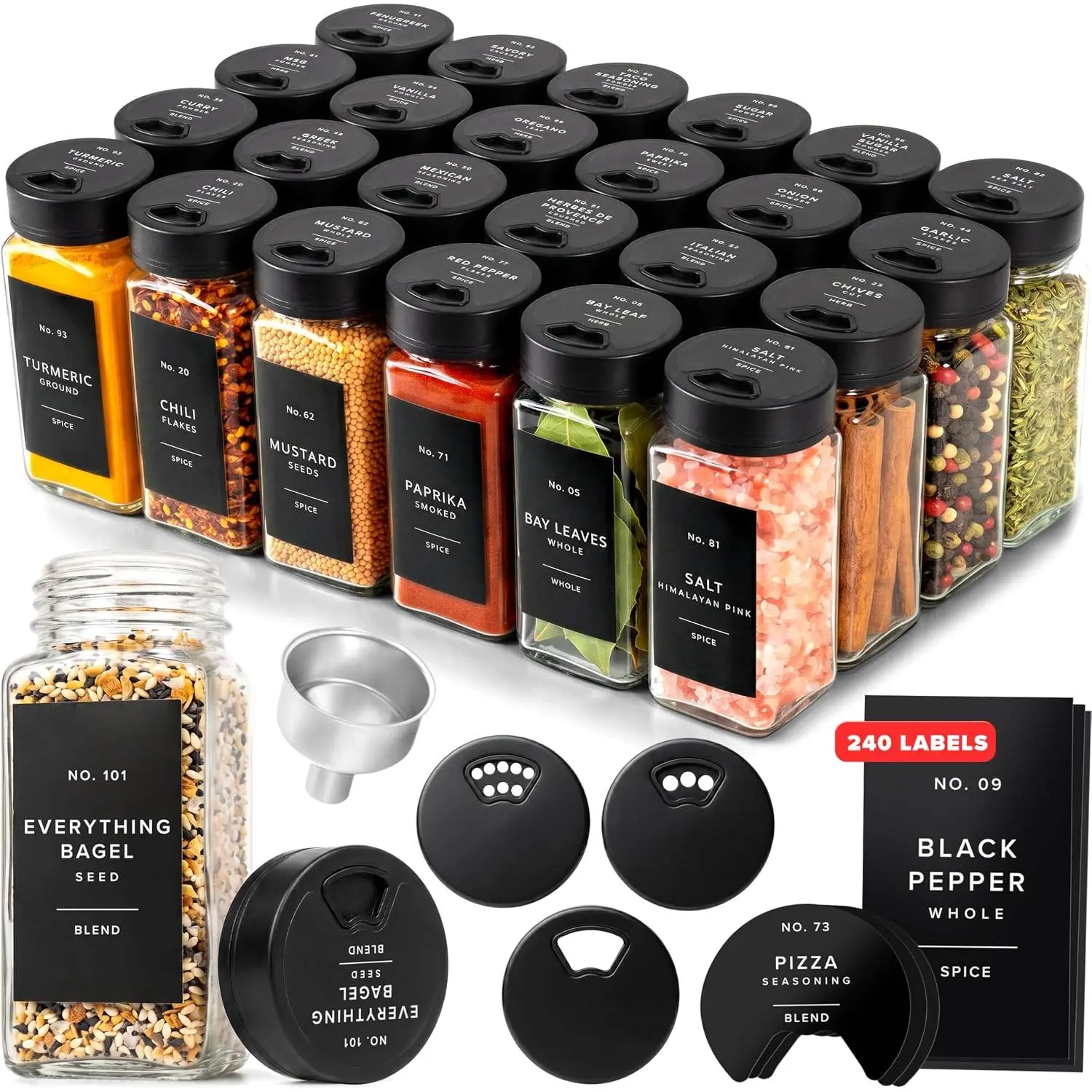 Glass  Jars with Label and Black Rotating  (24 x 4oz)  Containers with 240 Labels, Shaker Inserts, Steel Funnel, Empty Square Containers