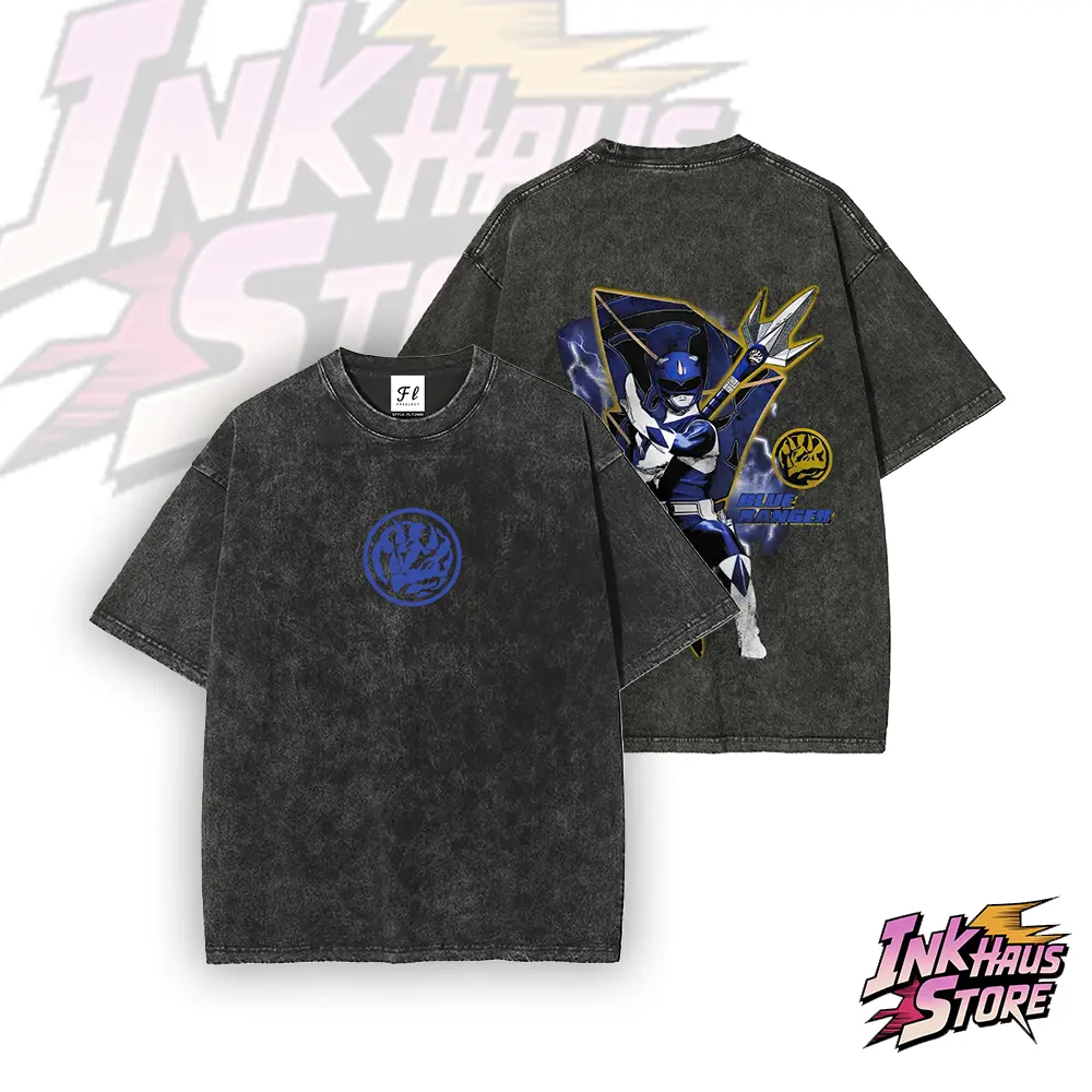Mighty Morphin Power Rangers Season1 Blue Ranger Triceratops Zord Dual Print Vintage--Short Sleeve Cotton Unisex Retro wash Tee