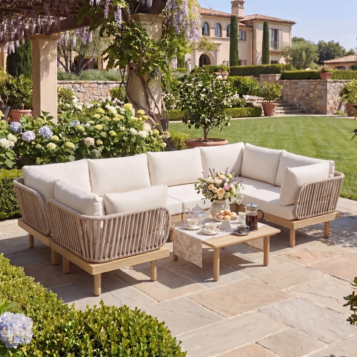 Aobtkel Heavy Duty Coastal 7-Piece Acacia Wood Outdoor Sectional Sofa Set - Armless, Multiple Seats, Rope Weave Back, Weather-Resistant Cushions, U-Shape