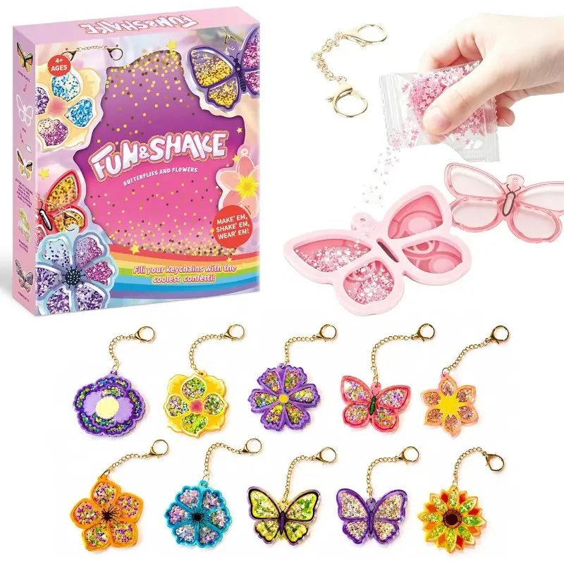 DIY Glitter Shaker Craft Set, Fun Shaker Art Supplies with Butterfly, Flower and Princess Themes, Creative Crafts with Keychains, Birthday and Children's Day Gifts for Boys and Girls