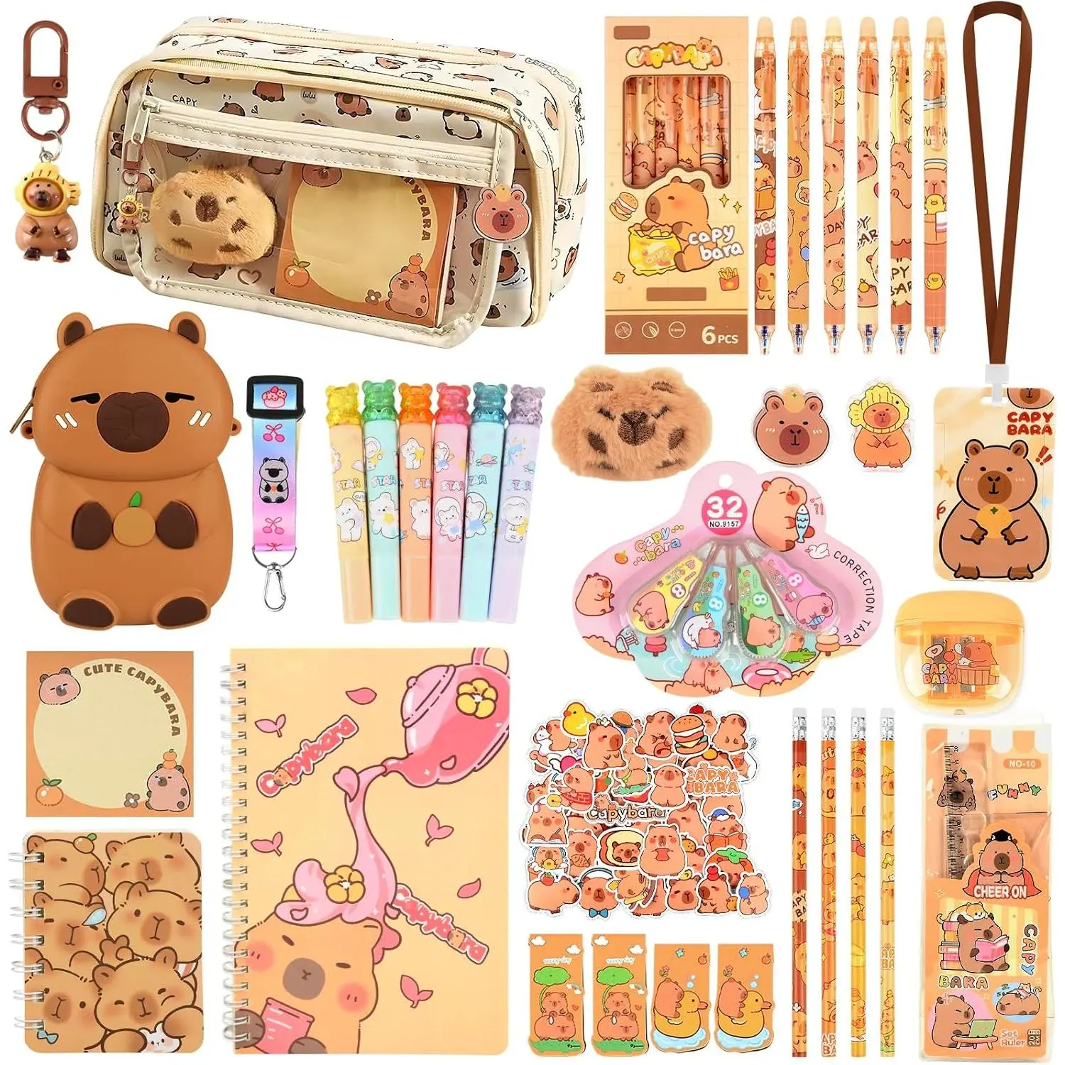 Capybara Stationery Set, Cute Capybara Gifts for Girls Capybara School Supplies with Erasable Pens,Spiral Notebook,Pencil, Pen,Plush,Sticky Note Holder,Stickers,Bookmark etc