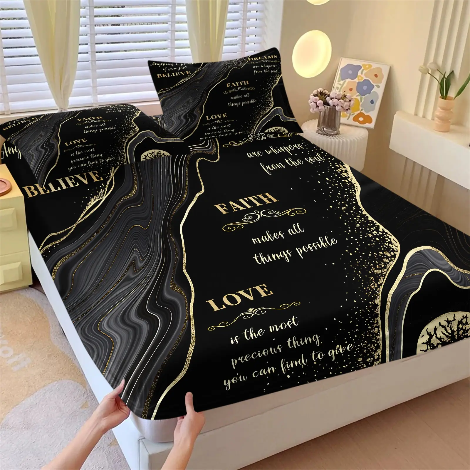 Black Gold Marble Inspirational Quote Print Fitted Sheet Set, 1 Fitted Sheet & 2 Pillowcase, Dark Luxury Modern Bedding All Size, Motivational Faith Love Agate Bed Set, Sophisticated Modern Style, Anti-Wrinkle Family Bedroom Decor