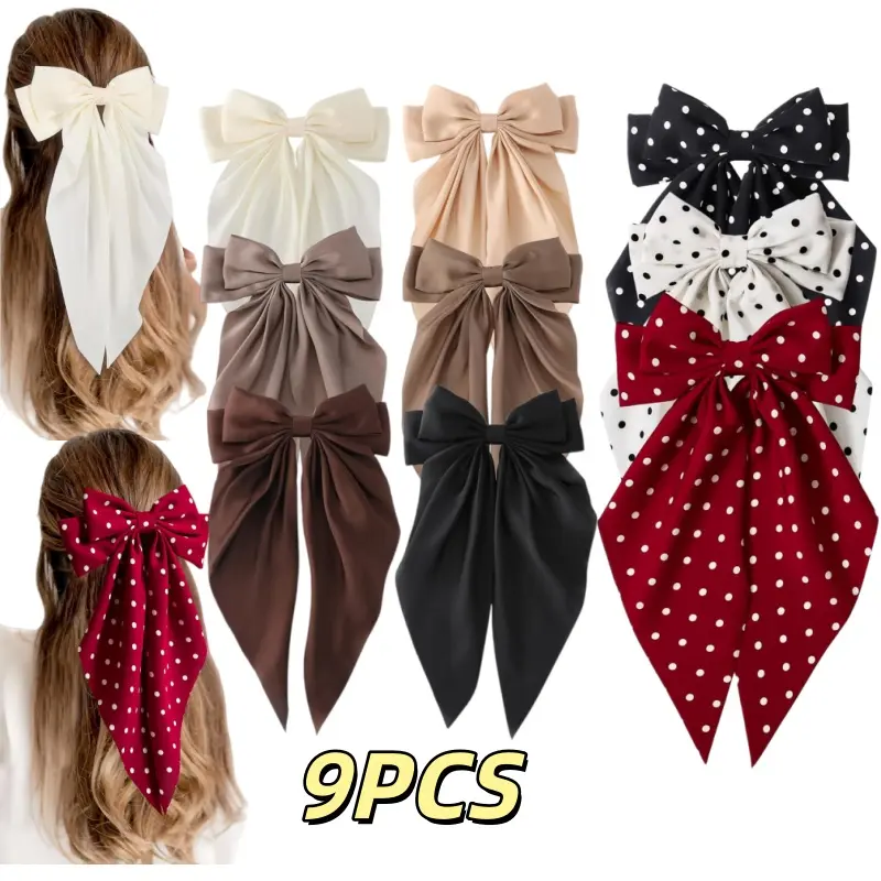 9pcs Polyester Solid Color Satin Large Bow Hair Clips - Light Luxury Feel, Metal Fastening, Suitable for Daily Outings, Parties, Bow Shape, Multiple Colors