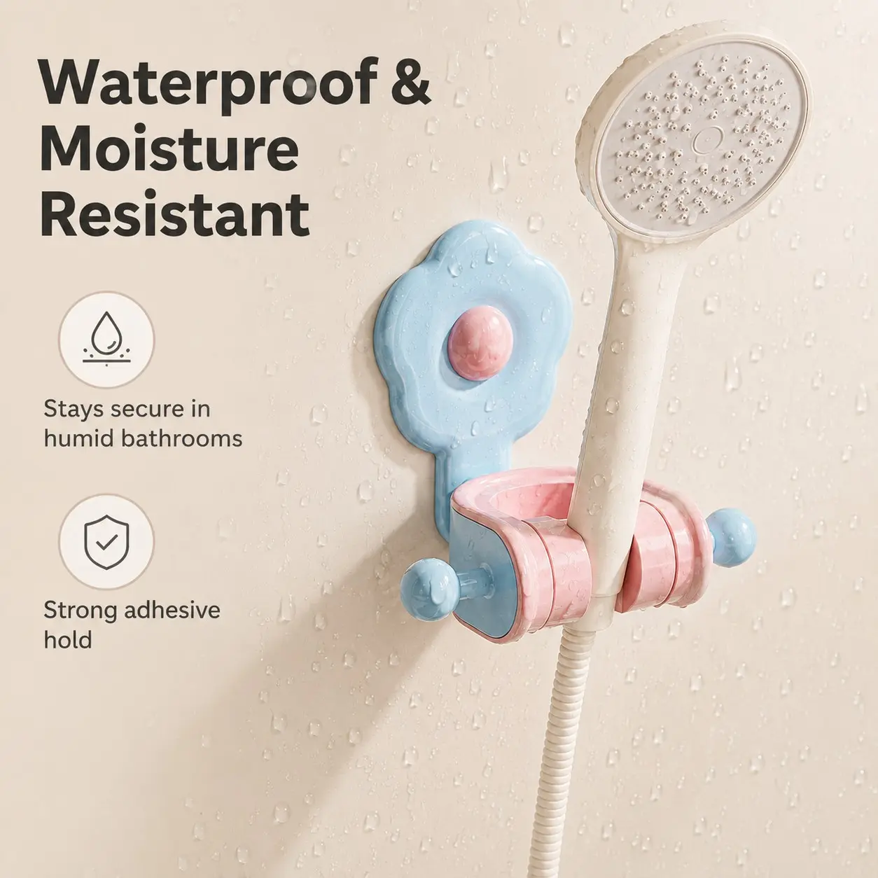 Cute Macaron Flower Shower Head Holder, No Drilling, Waterproof Adhesive, 70 Degree Adjustable, Handheld Shower Mount with Side Hooks, Bathroom Storage