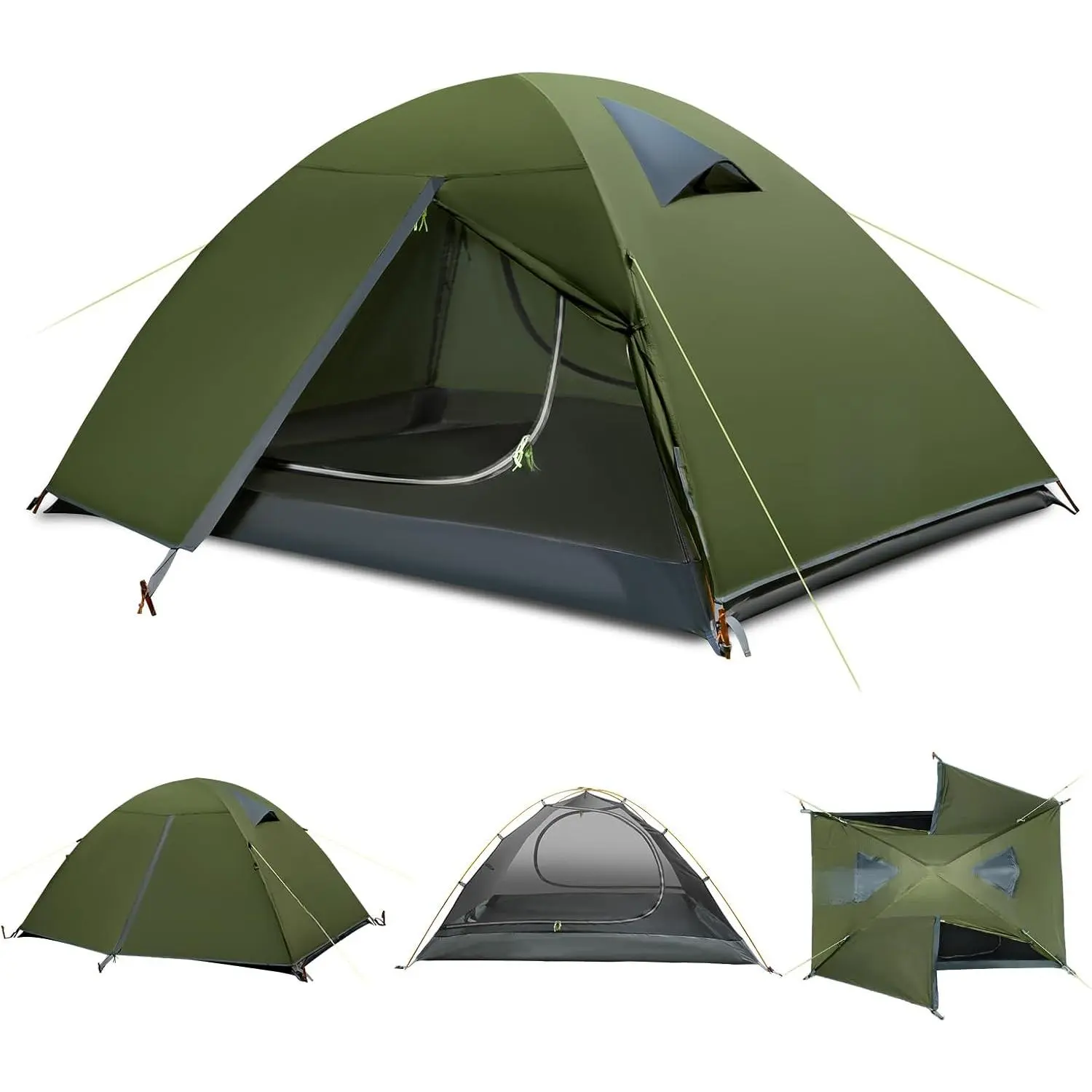 2-Persons Backpacking Tent: Waterproof Lightweight Camping Tent for Two People Hiking Outdoor Mountain with Aluminum Poles and Rainfly Green