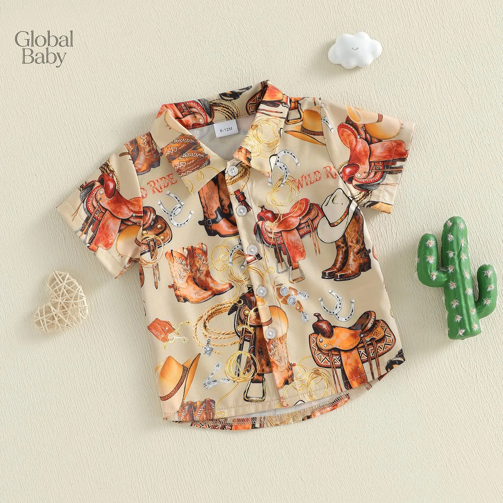 Baby Boys Western Shirts Short Sleeve Horse/Boots Print Button Down Shirts Toddler Summer Tops