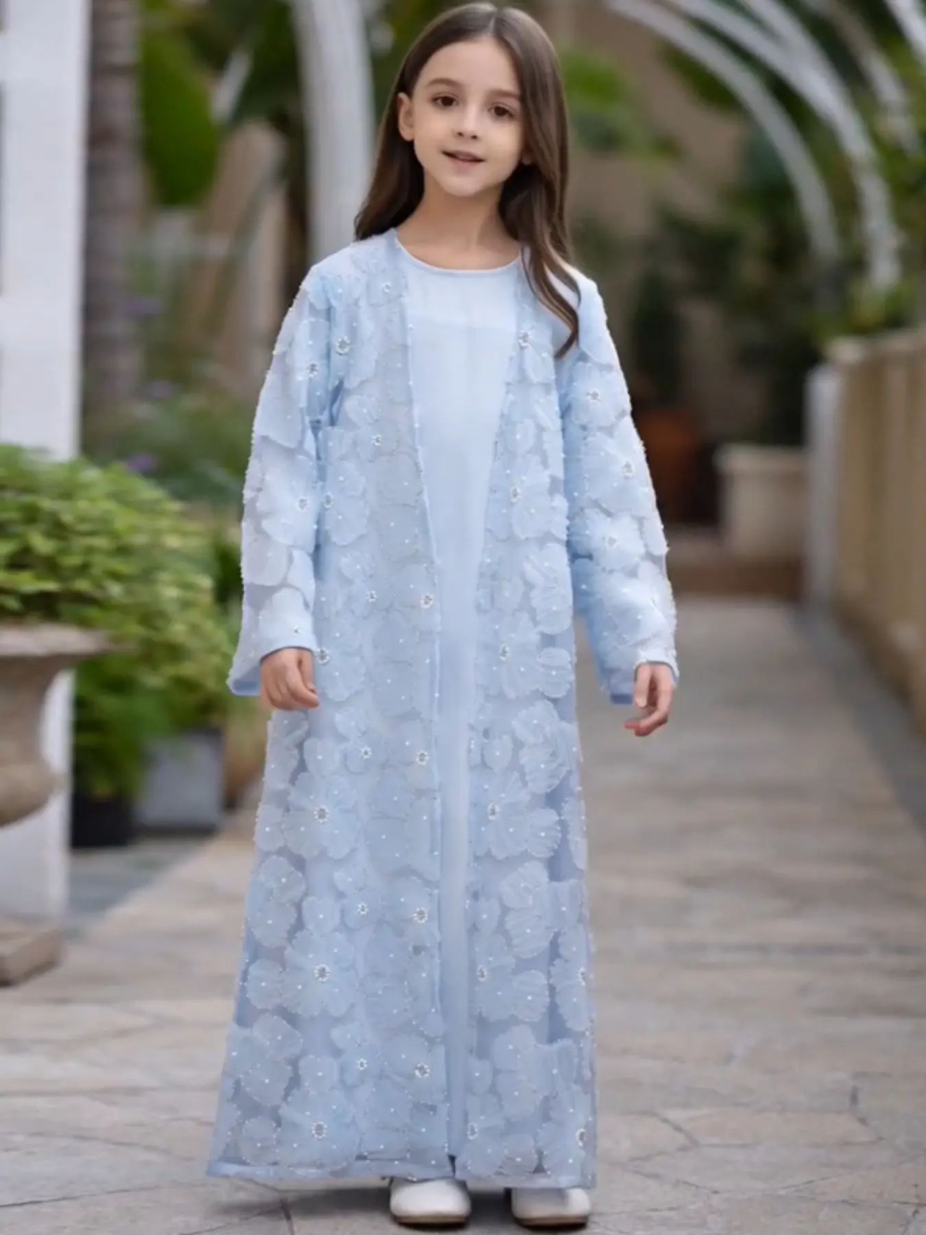 Middle Eastern Muslim Girl Set 2-Piece Satin Dress and Flower Beaded Cardigan Abaya, Casual Loose-Fitting, All Seasons