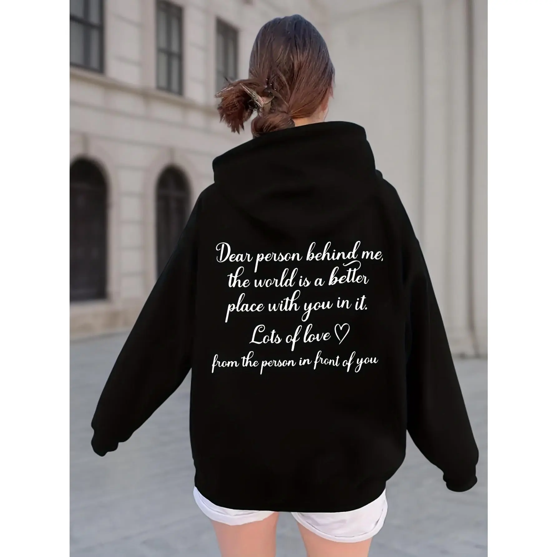 Women's Cotton Knit Hoodie Tops, Casual Letter Print Sweatshirts with Kangaroo Pocket - Long Sleeve Drawstring Pullover for Fall/Winter, Fabric, Longsleeves, Alphabet Print