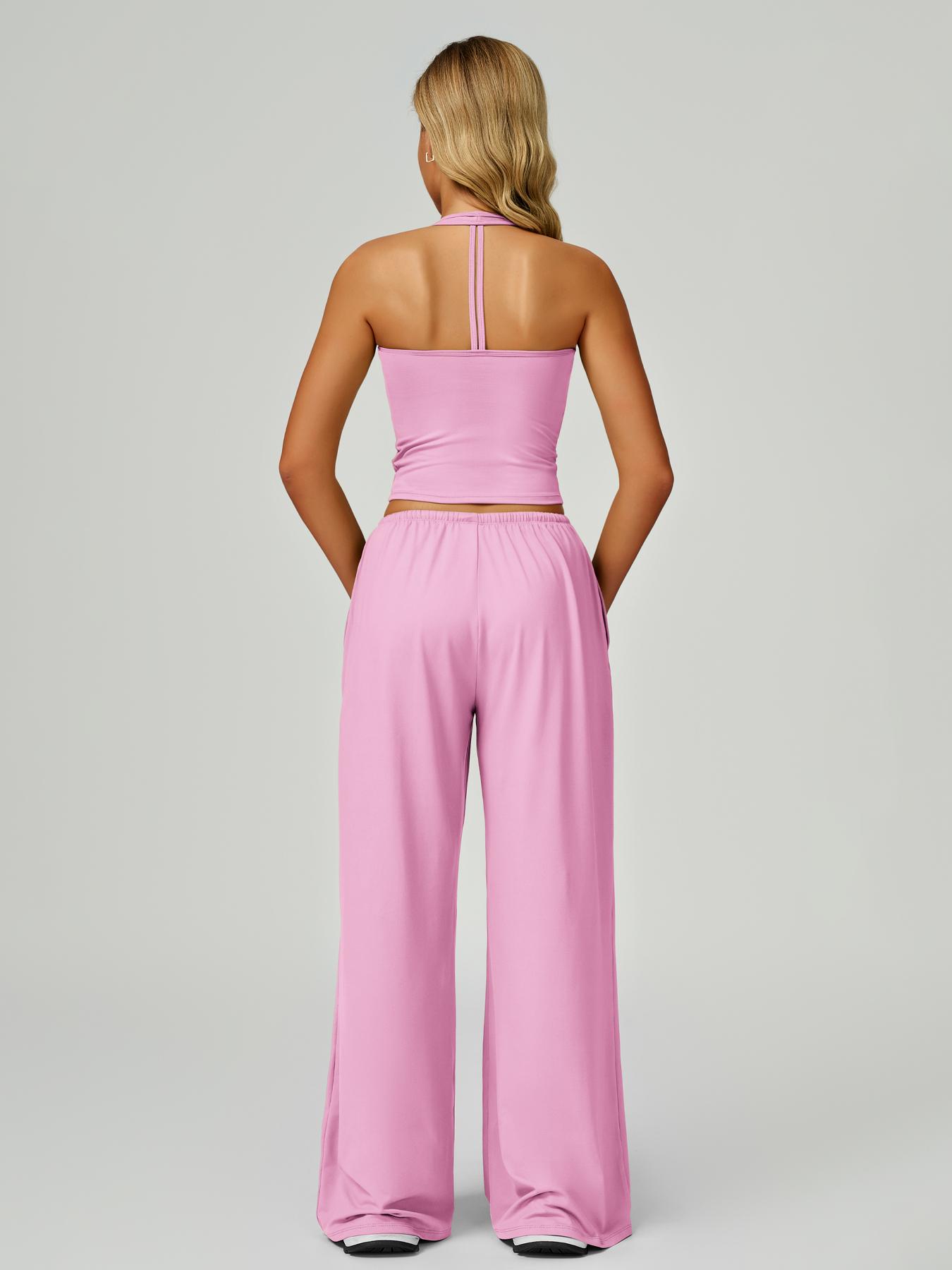 Women's Solid Crop Tank Top & Wide Leg Pants Set, Casual V Neck Sleeveless Top & Trousers for Daily Outdoor Wear, Ladies Sportswear for Summer Sports, Yoga and Airport Outfits, Gym Outfit Women's Solid Crop Tank Top & Wide Leg Pants Set, Casual V Neck Sleeveless Top & Trousers for Daily Outdoor Wear, Ladies Sportswear for Summer Sports, Yoga and Airport Outfits, Gym Outfit