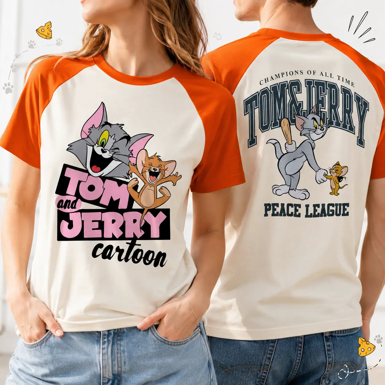 Tom and Jerry Graphic Raglan T-Shirt, Orange Cream Color Block Baseball Tee, Front and Back Cartoon Print, Retro Y2K Streetwear Top