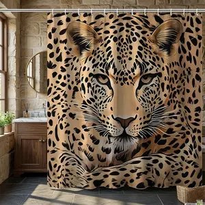 1pcs Realistic Full Frame Leopard Face & Classic Spotted Fur Print Shower Curtain, Wild Safari Animal Pattern Bath Drape for Halloween Bohemian Glam Home Bathroom Styling