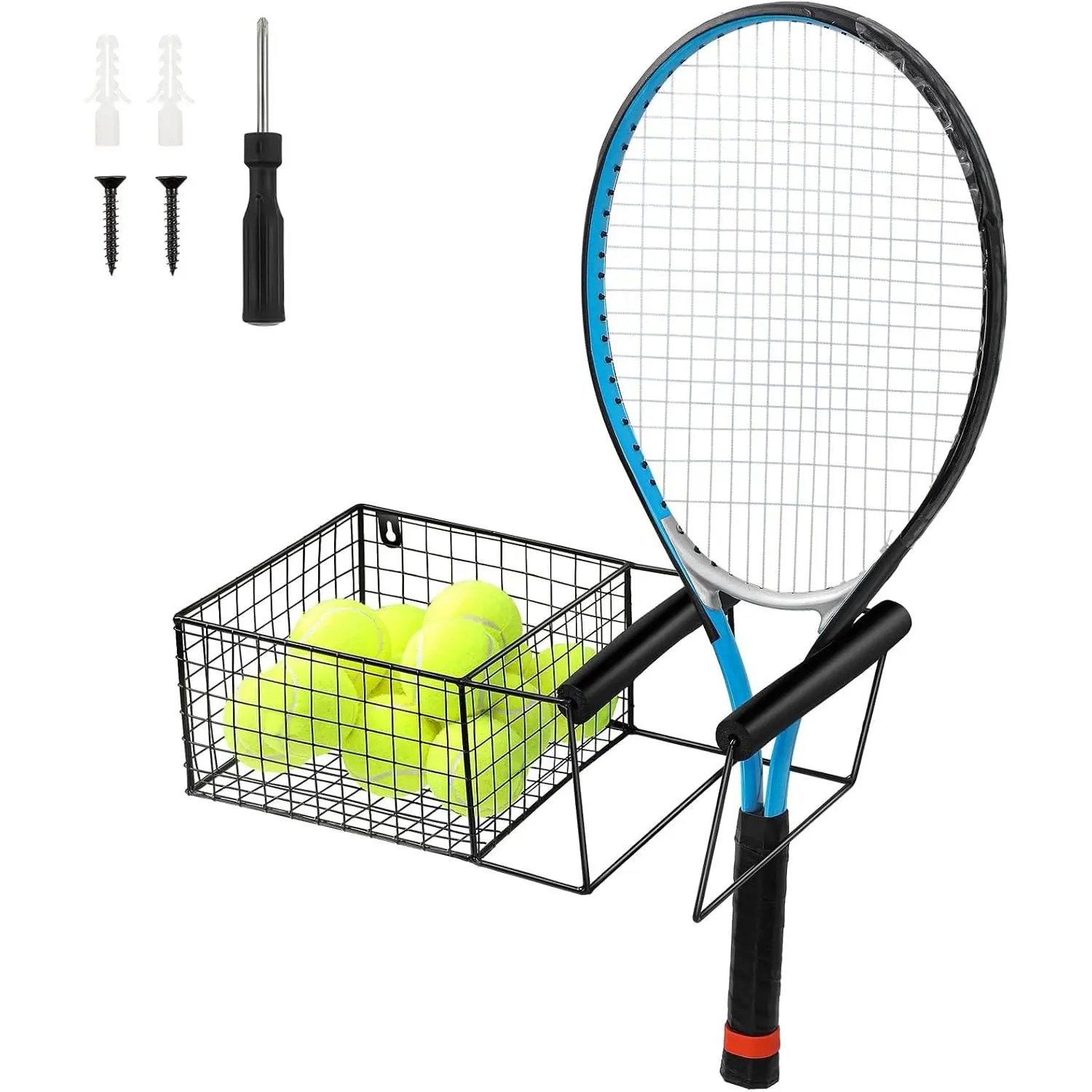 Hanging Metal Tennis Racquet and Ball Storage Basket Wall Mounted Table Tennis Paddle Badminton Racket Holder Equipment Organizer Rack with Hardware 15.5 x 8.5 x 5 Inch Black