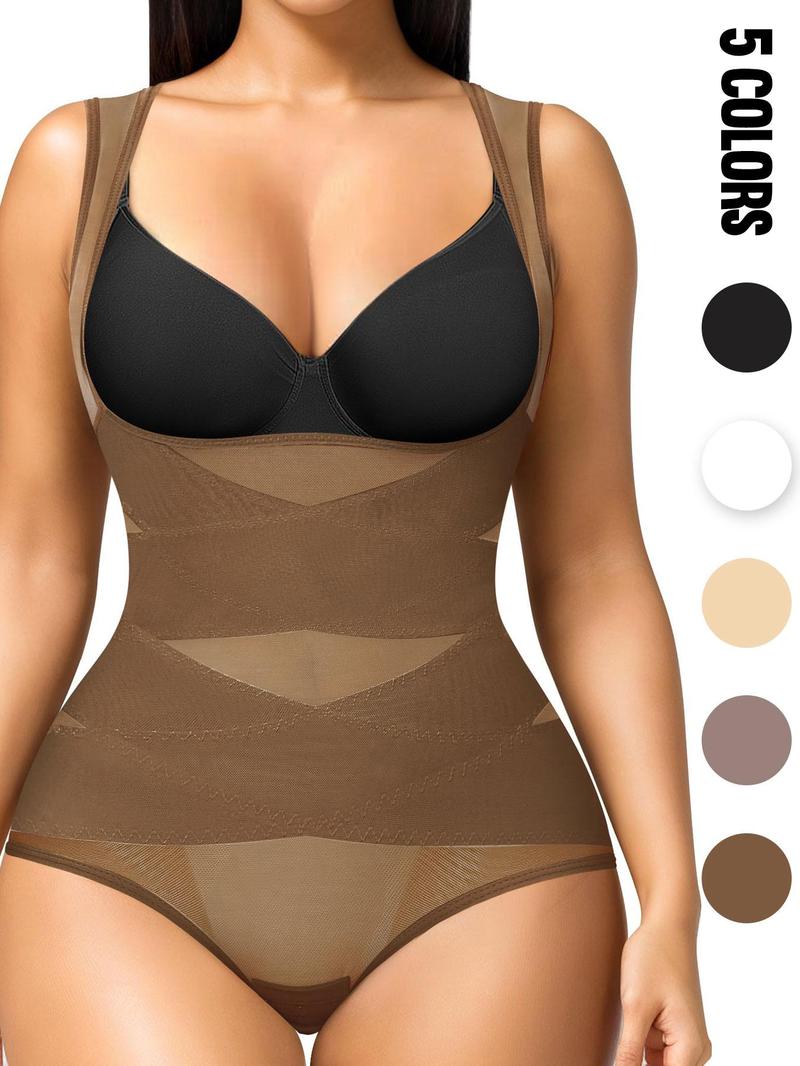 Women's Solid Color Open Bust Mesh High Waisted Shapewear Bodysuit, Breathable Comfortable Tummy Control Shaper, Ladies Shapewear for All Seasons