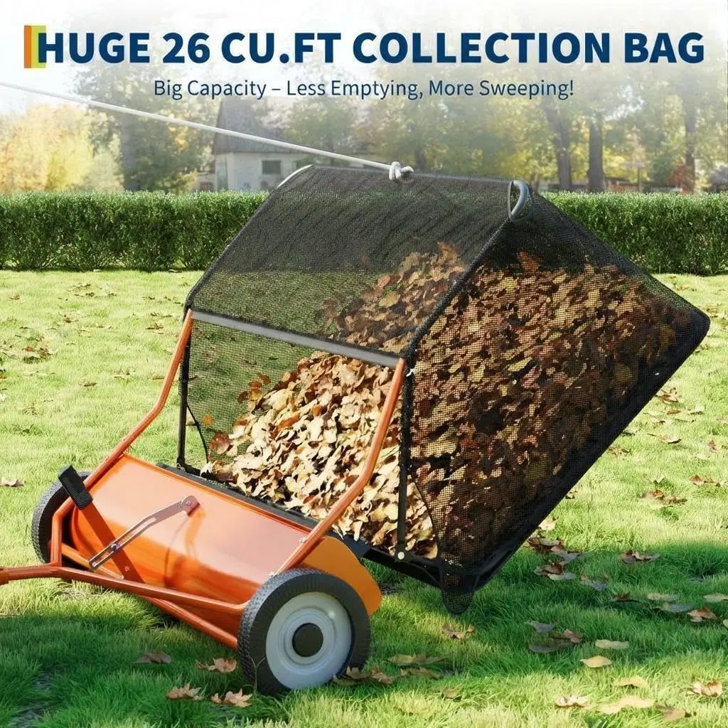50 Inch Tow‑Behind Lawn Sweeper, 26 Cu. Ft Large Hopper Pull Behind Leaf & Grass Collector, Heavy‑Duty Garden Sweeper with Adjustable Sweeping Height for Yard, Lawn and Farm
