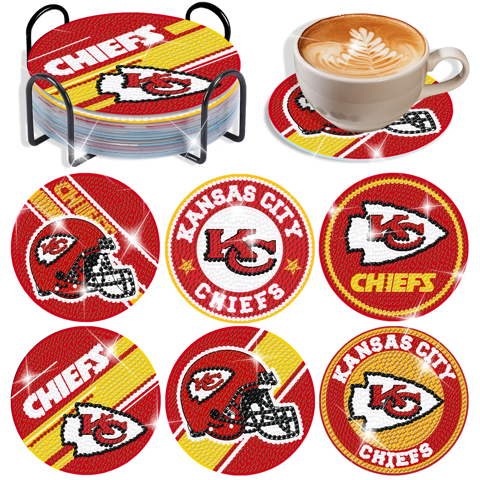 6-Piece DIY Diamond Painting Coasters, Rugby Team 5D Diamond Art Kit, Includes Storage Rack, Tool Kit, and Cork Mat, Craft Kit Suitable for Adults