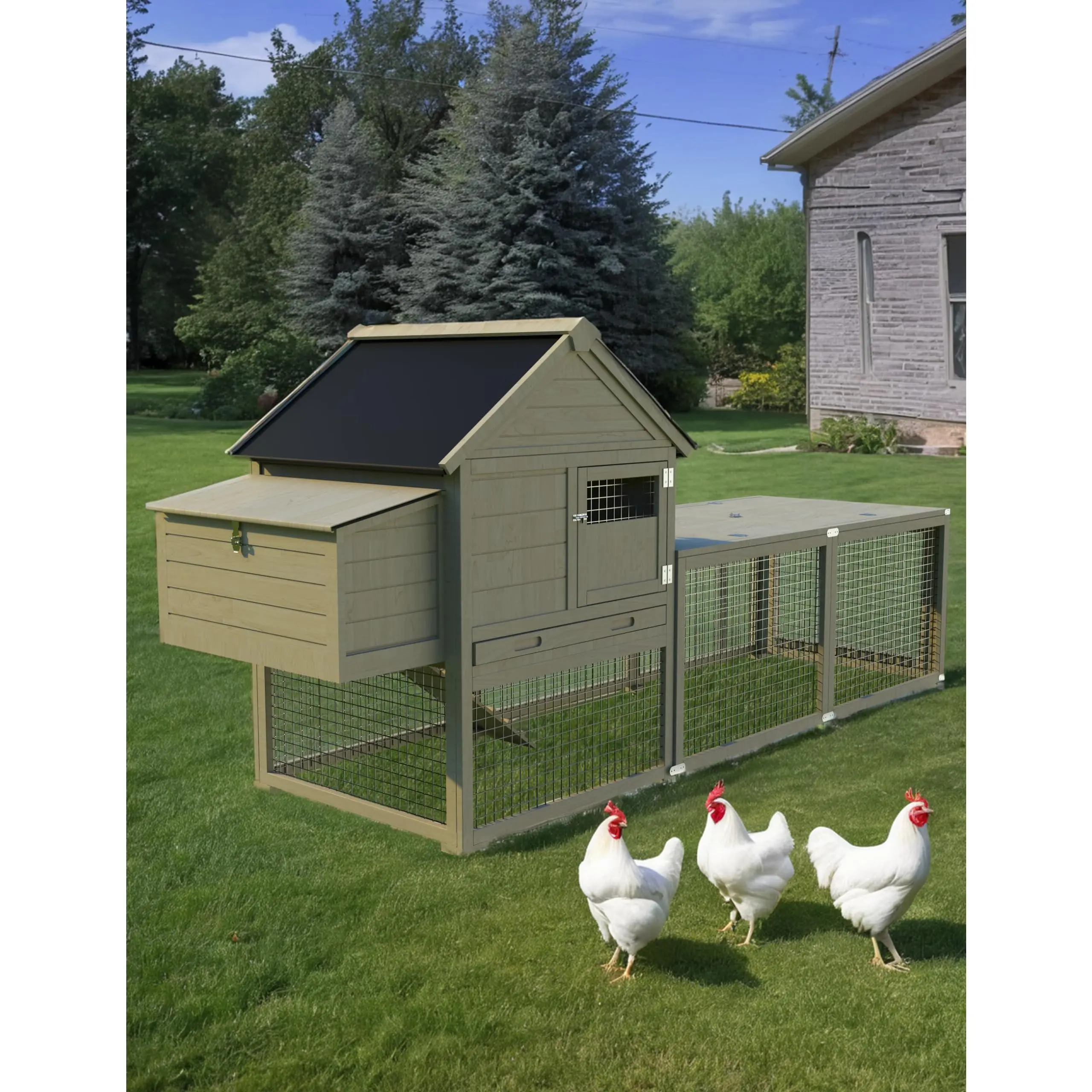Wooden Chicken Coop & Rabbit Hutch, 109in Extra Large Poultry Cage with Waterproof Anti-UV Roof Pull-Out Tray Indoor Outdoor for Small Animals 3-5 Chickens
