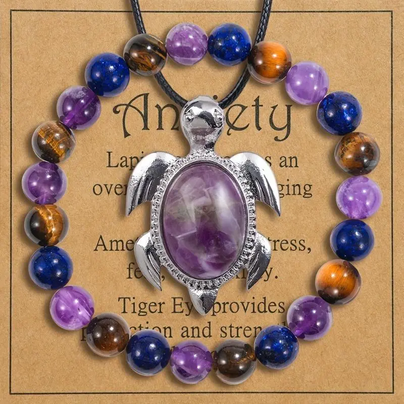 Female Retro Turtle Beads Jewelry Set - 2-Piece Amethyst Necklace & Bracelet, Fashion Costume Accessory Gift for Daily Wear & Special Occasions, Two Piece Set, Fashion Gift