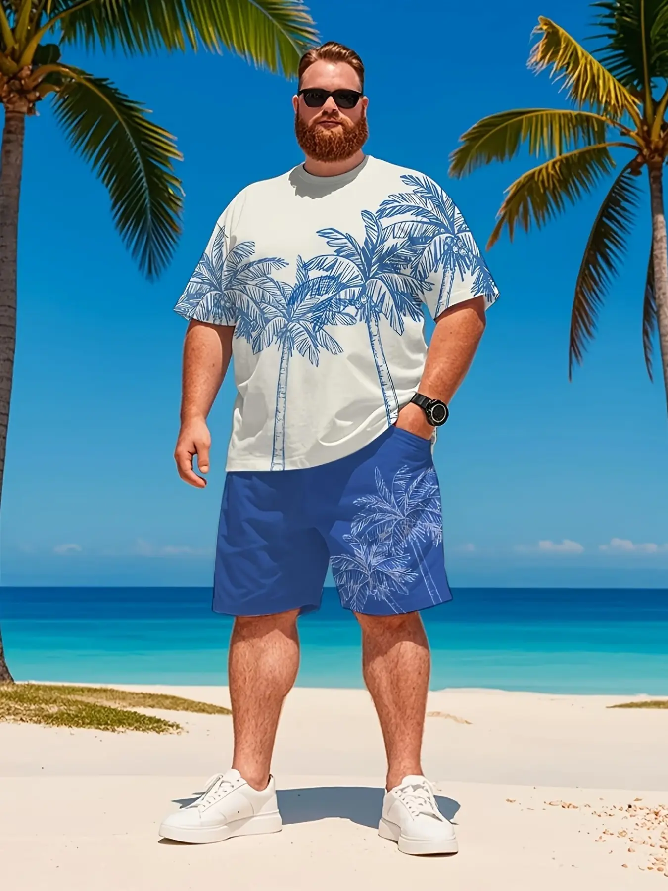 Men's 3D Print Casual Two-Piece Set, Hawaiian Blue Coconut Tree Pattern, Beachwear for Sunny Days, Loose-Fitting Suit, All Seasons