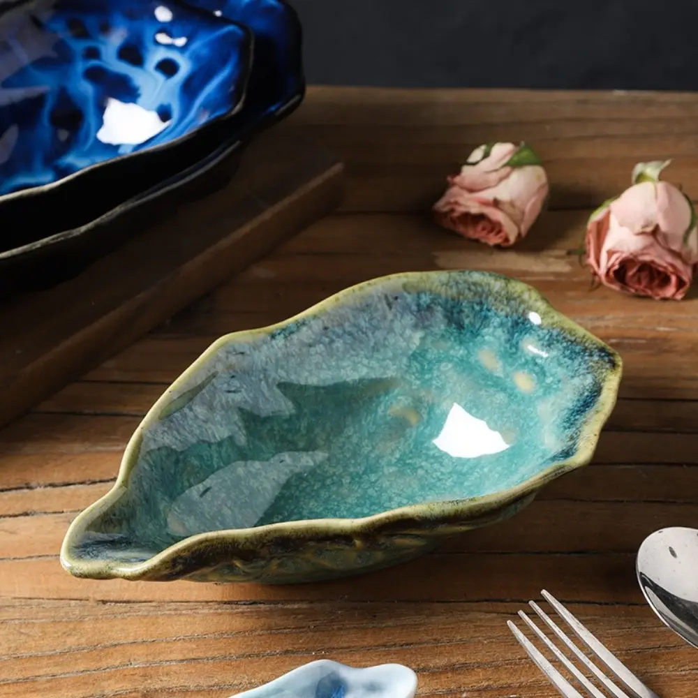 One 8-inch blue ceramic bowl featuring a unique, Japanese-style vintage kiln-fired design; suitable for serving fruit, sushi, desserts, and appetizers in homes or restaurants.