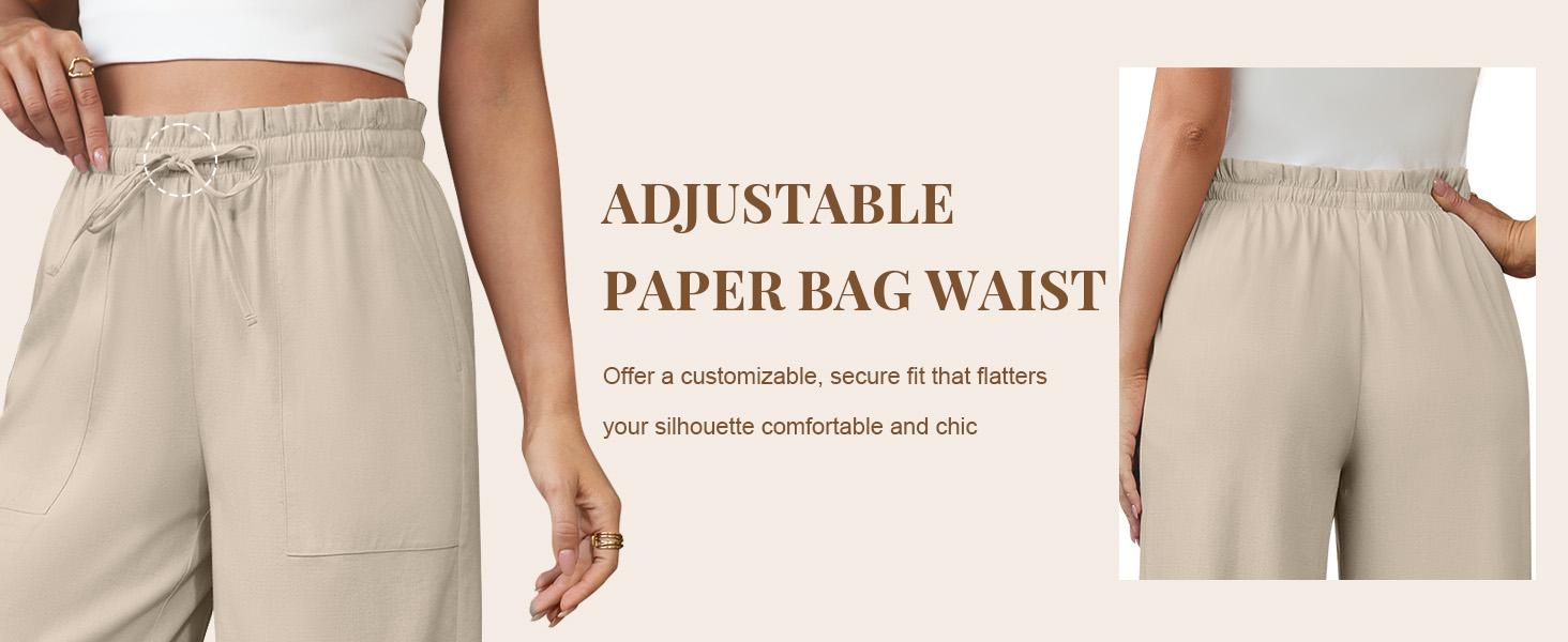 Womens Linen Wide Leg Pants, High Waisted Flowy Palazzo with Pockets Summer Drawstring Trousers Beach Travel Work