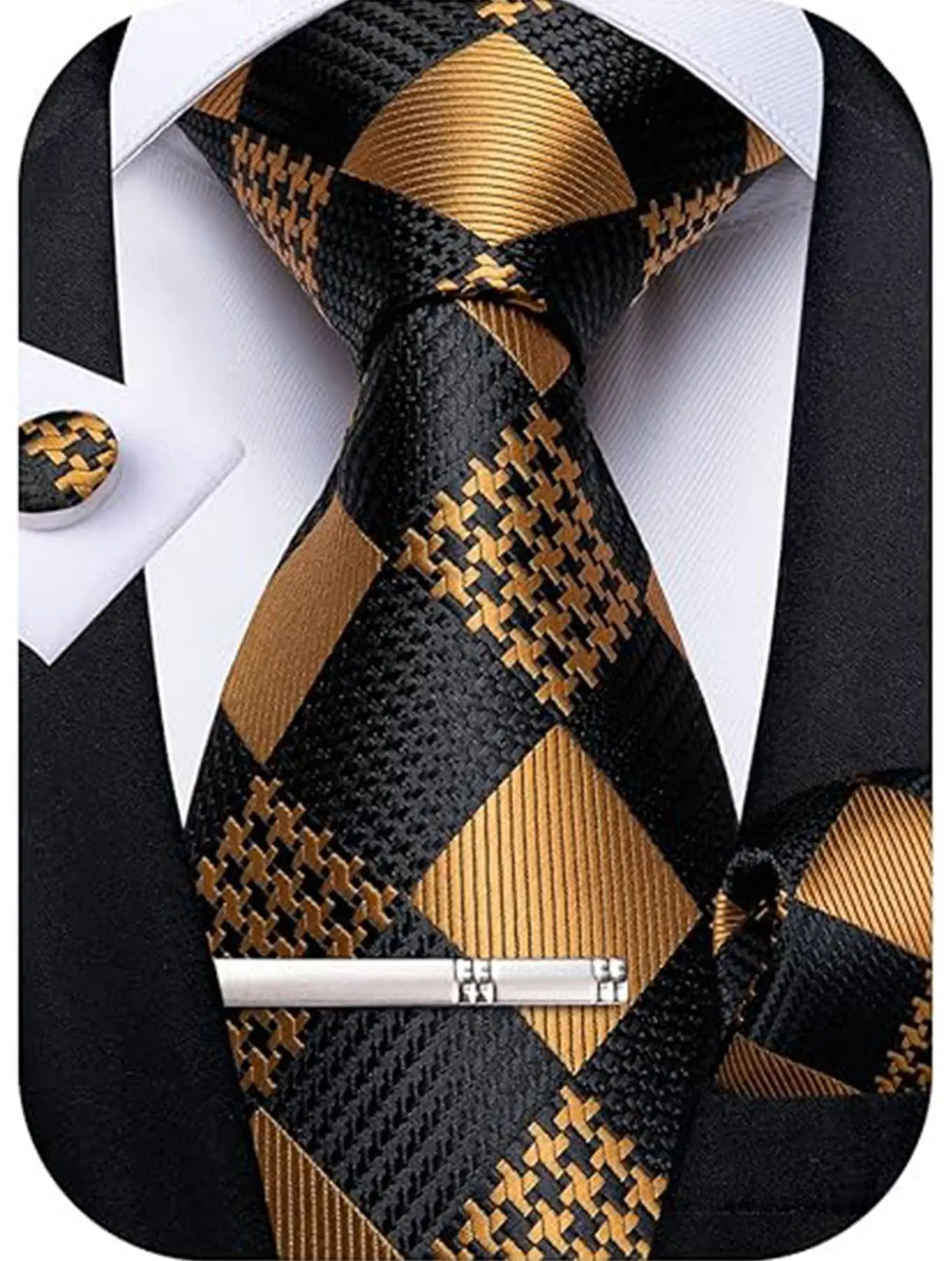 Men's Plaid Tie Set, Polyester Checkered Necktie, Handkerchief, Cufflinks, Tie Clip, Elegant Business Wedding Accessory