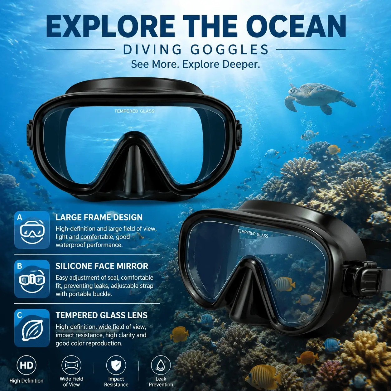 Professional Snorkeling Set for Adults - Wide View Anti-Fog Dive Mask, Soft Silicone Snorkel & Swim Goggles, Leak-Proof Comfort Sealing, Unisex Scuba Gear for Freediving and Swimming