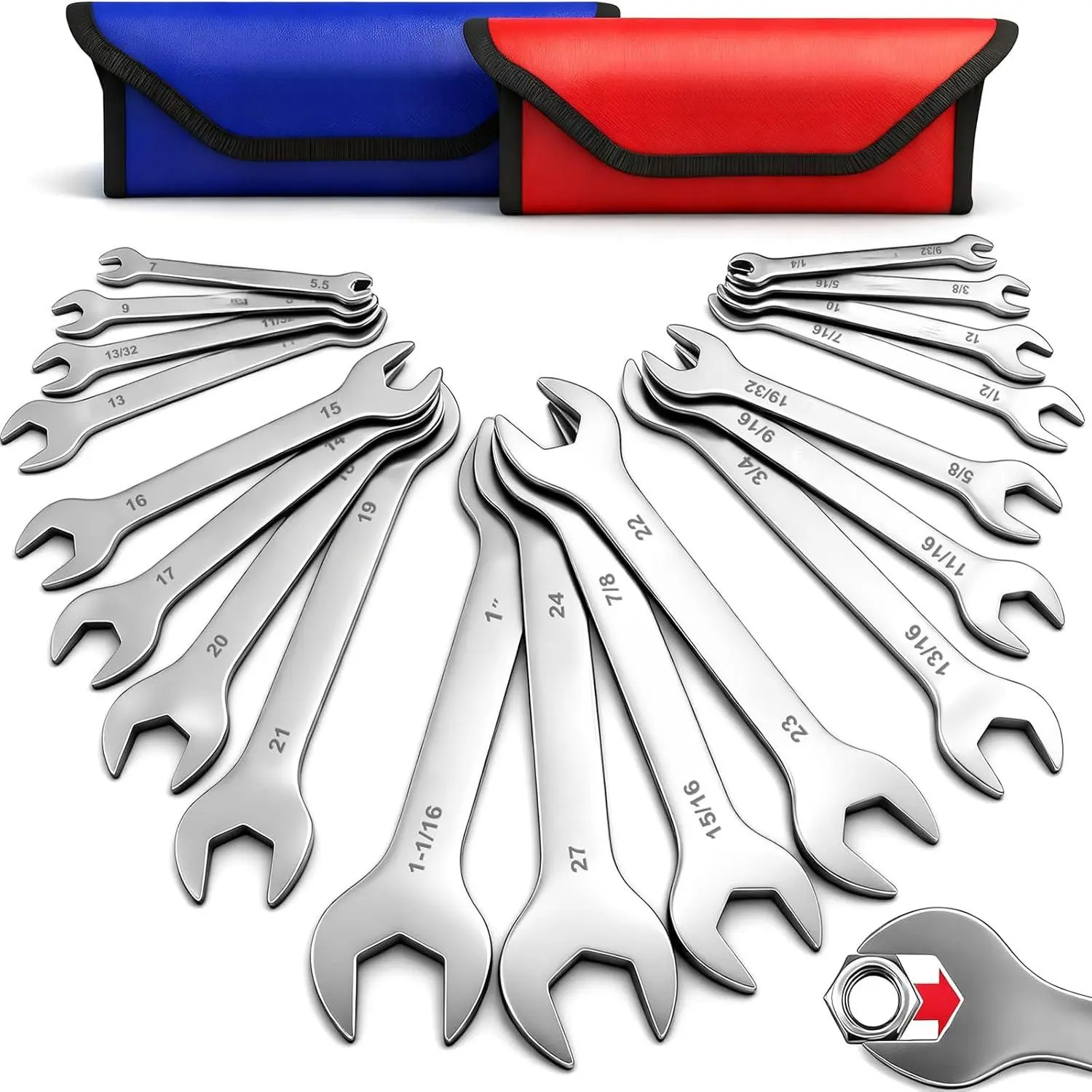 10-Pc Metric Stainless Steel Open-End Wrench Set - 3mm Super Thin, 5.5-27mm Dual Size Markings, Nickel Plate Flat Wrenches for DIY Enthusiasts, Household Projects, Automotive Repair, Compact Spaces with Rolling Pouch & Long-Lasting Performance