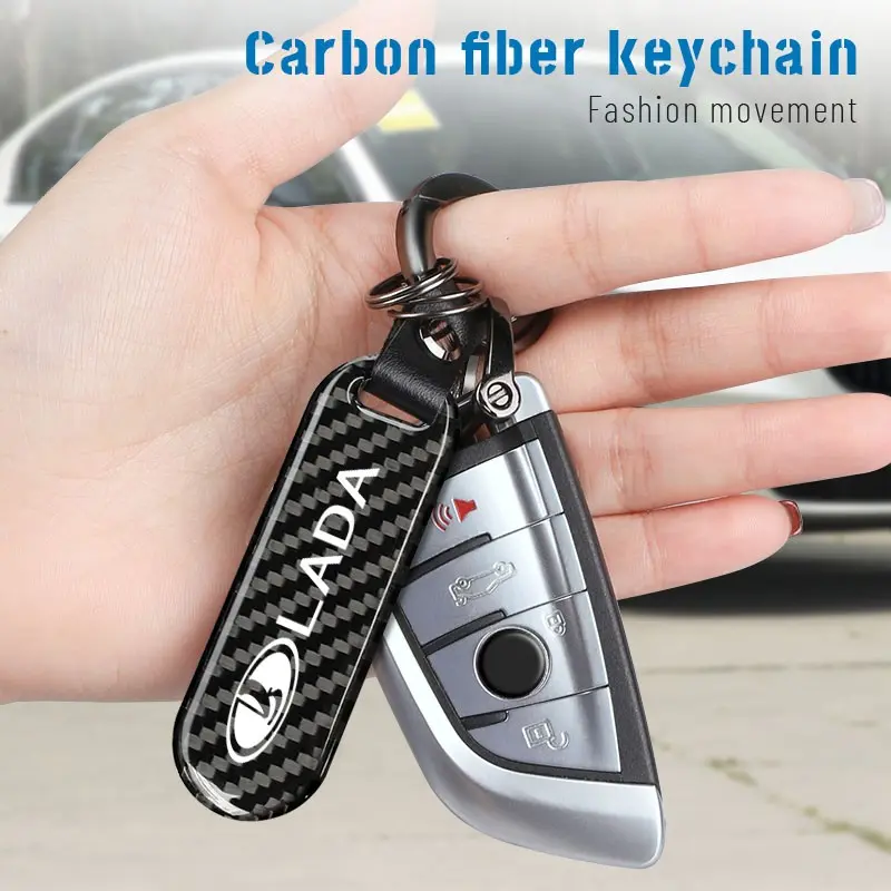 Car Carbon Fiber Keychain Key Chain Pendant Keyring Horseshoe Buckle For Lada Samara 2109 Largus Priora Xray Cross 2112 2114 Granta Vesta Niva Kalina