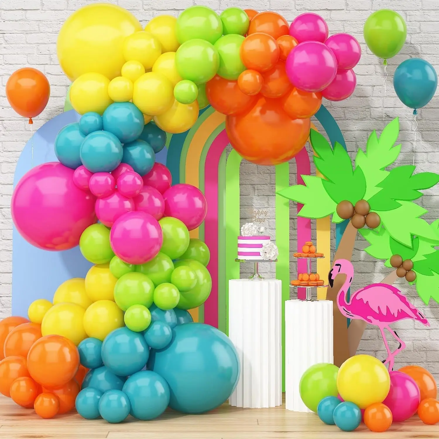 141-Pcs Multicolor Festive Balloons Rainbow Neon Balloon Arch Kit with Tape, Hot Pink-Lime Green-Orange-Slate Blue-Yellow Latex Decor for Hawaiian Luau, Birthday Party Supplies