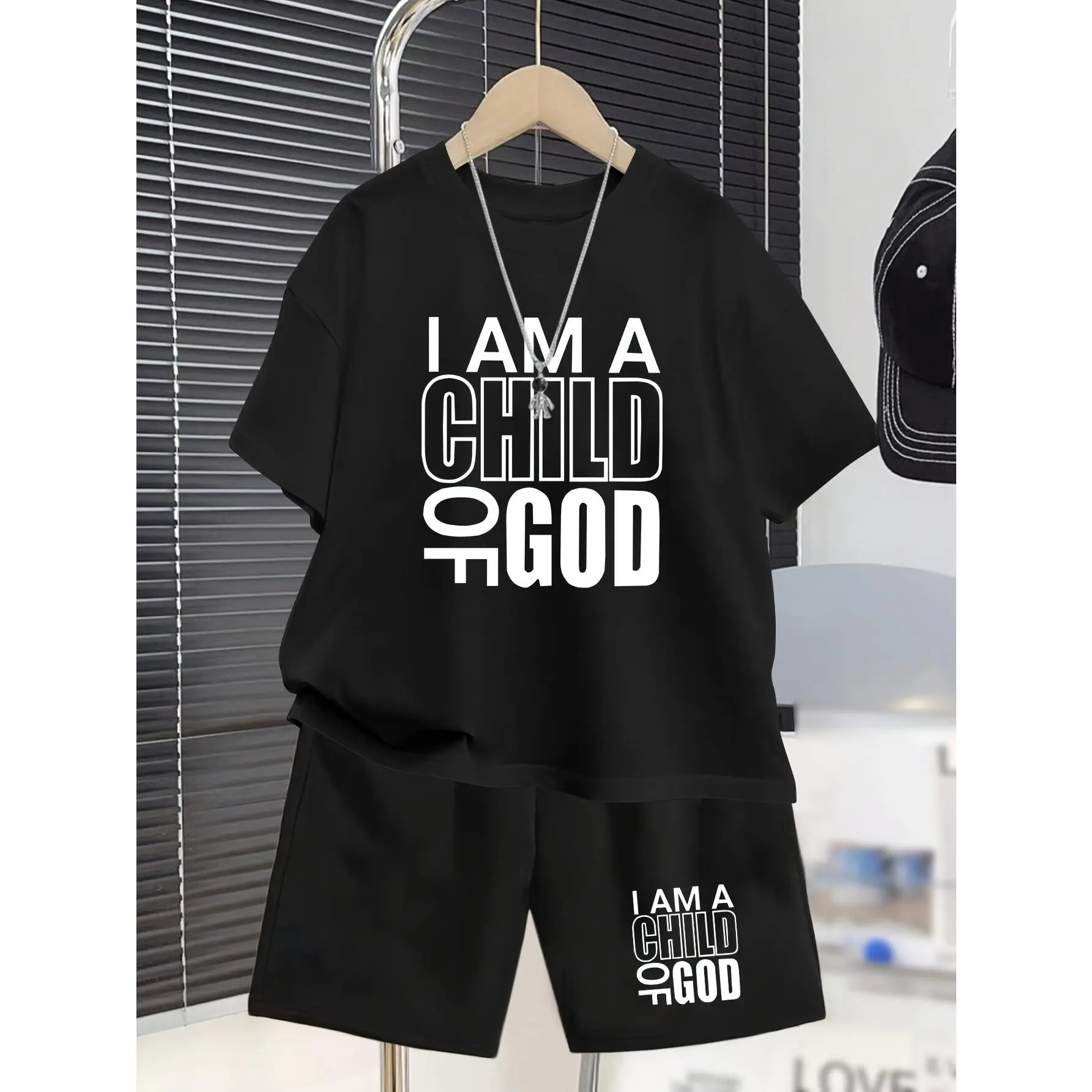Black Teen Boys' "I AM A CHILD OF GOD" Casual Summer Short Sleeve Set- Stylish T-Shirt& Shorts Outfit for Boys Aged 5-6, 6-7, 8-10, 12-14- Soft Polyester, Machine Washable(T-Shirt Not Included), Clothes for Youngster, for Outdoor, Perfect for Outdoor