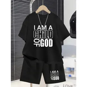 Black Teen Boys' "I AM A CHILD OF GOD" Casual Summer Short Sleeve Set- Stylish T-Shirt& Shorts Outfit for Boys Aged 5-6, 6-7, 8-10, 12-14- Soft Polyester, Machine Washable(T-Shirt Not Included), Clothes for Youngster, for Outdoor, Perfect for Outdoor