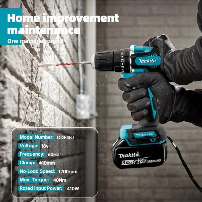Makita DDF487 1600rpm Electric Drill 18V Battery Multifunction Brushless Variable Speed Screwdriver Strong Power Motor Tools