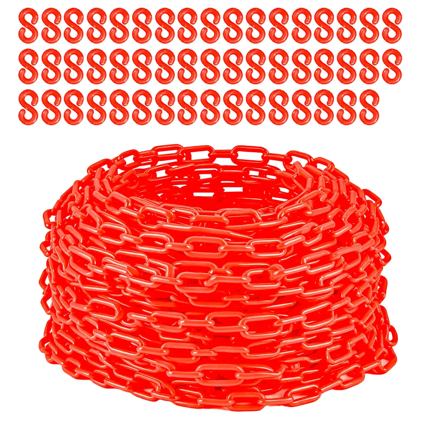 240 ft Plastic Safety Chain with 50 S-Hooks, Red or Black, 6mm Links