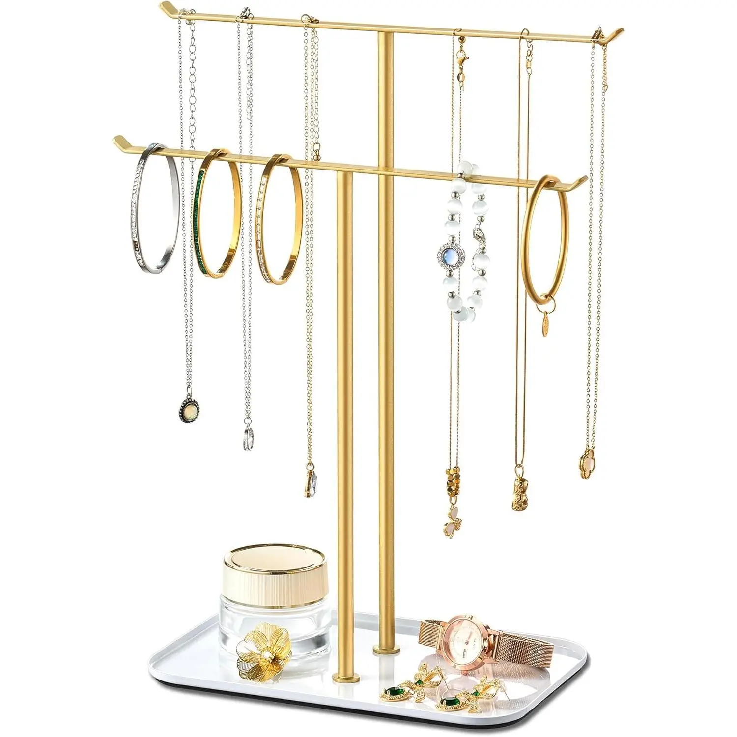 Necklace Holder Jewelry Organizer Stand – 2‑Tier T‑Bar Jewelry Display Tree with Tray for Countertop Necklace Bracelet Earring Storage, Vanity Dresser Bathroom Sink, Gold