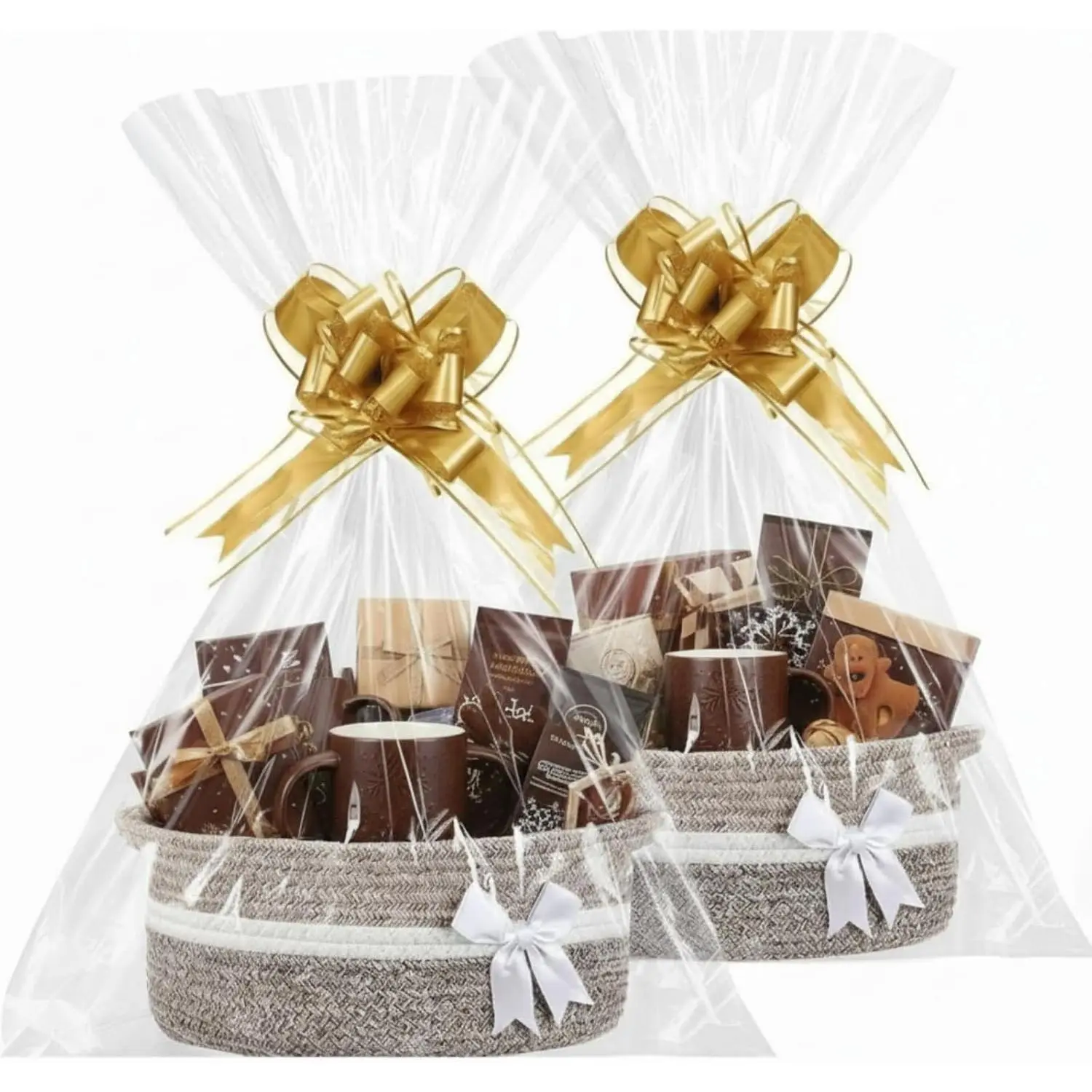 2 Pack Graduation Woven  Basket Empty with Ribbon Bow, 12''x8''x5'' Chest Box with  Bags Candy Baskets with Handle for Mother's Day Wedding Birthday Decor(White, Khaki)