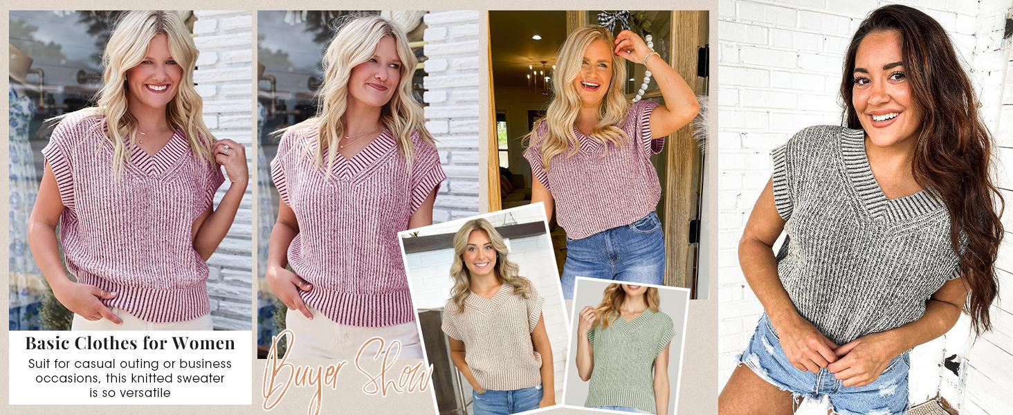 Saodimallsu Womens V Neck Short Sleeve Sweater Summer Lightweight Cap Sleeve Casual Loose Knit Pullover Tank Tops Knitwear