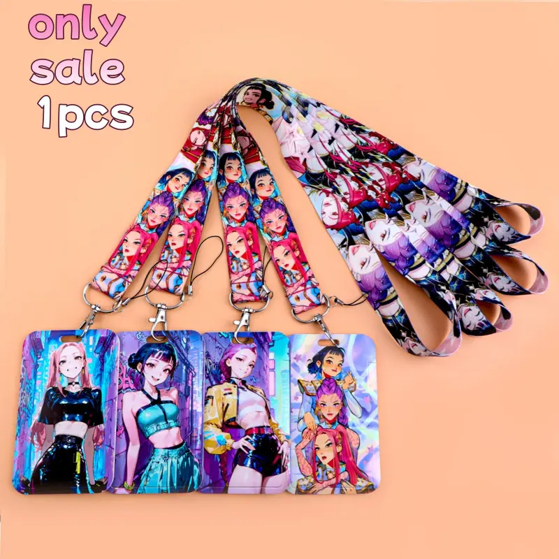 Vibrant Manga Girls Print Lanyard with Card Case, Portable Neck Strap ID Card Holder, Fashion Wallet Cover, Cute Lanyards for ID Badges, Name Tag Lanyards