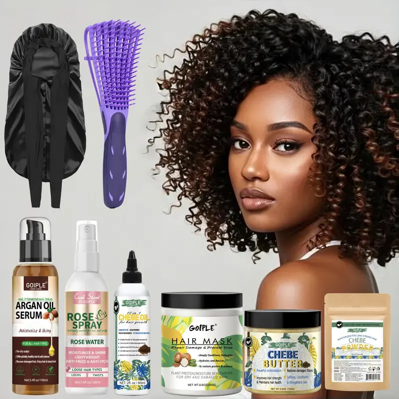 Chebe Hair Care Set, Chebe Butter Chebe Powder Chebe Oil, Argan Essence, Rose Spray, Hair Mask, Smooth Comb & Satin Hair Bonnet, Deep Moisture Repair for Dry Damaged Hair, Strengthen Hair, Promote Hair Growth, Soothe & Smooth Hair, Hair Care Pack