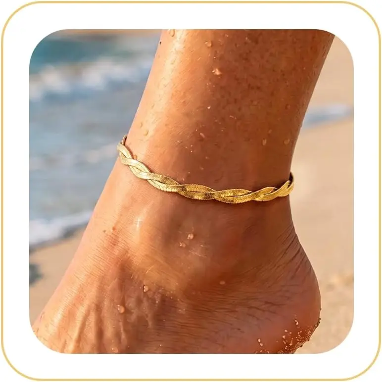 Twist Herringbone Anklet Bracelet for Women –   | Snake Anklet Made for Women,  Design for Beach and Summer Wear with  Comfort and Everyday Elegance
