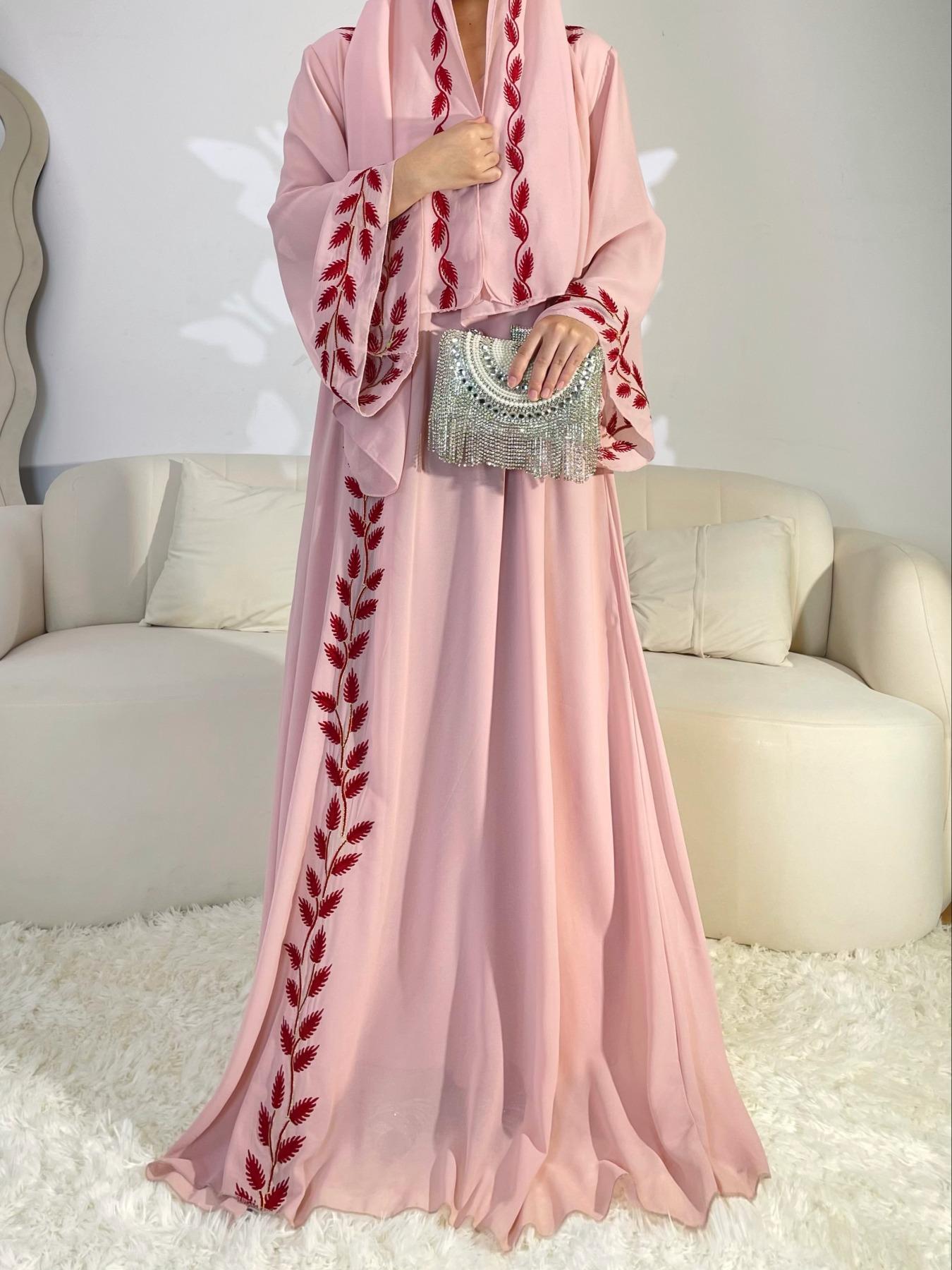 Arabic Clothing-Leaf Embroidered Bell Sleeve Chiffon Maxi Arabian Dress with Hijab, Elegant Long Kaftan Dresses Loose Abayas, Muslim Dress Islamic Clothes